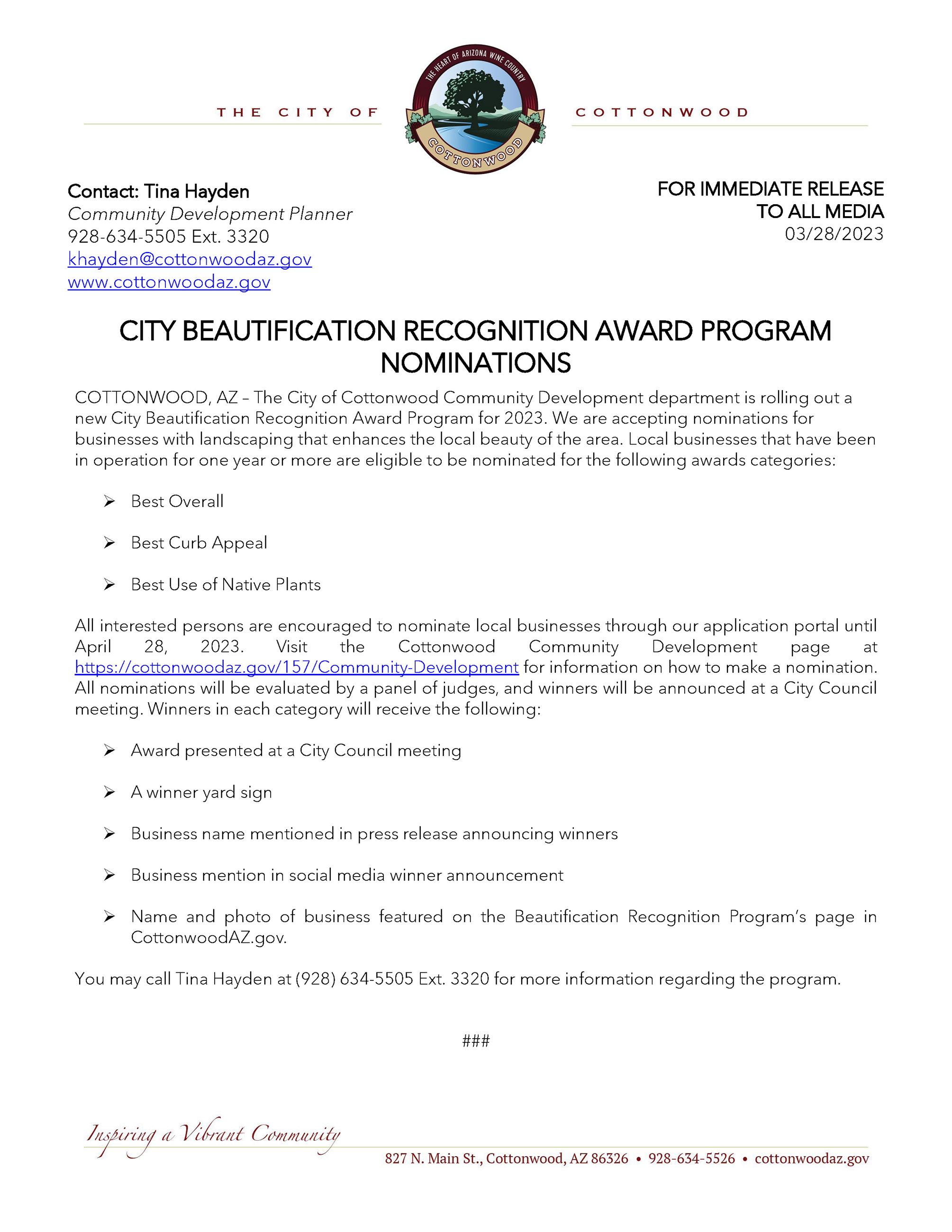 Press Release - City Beautification Nominations