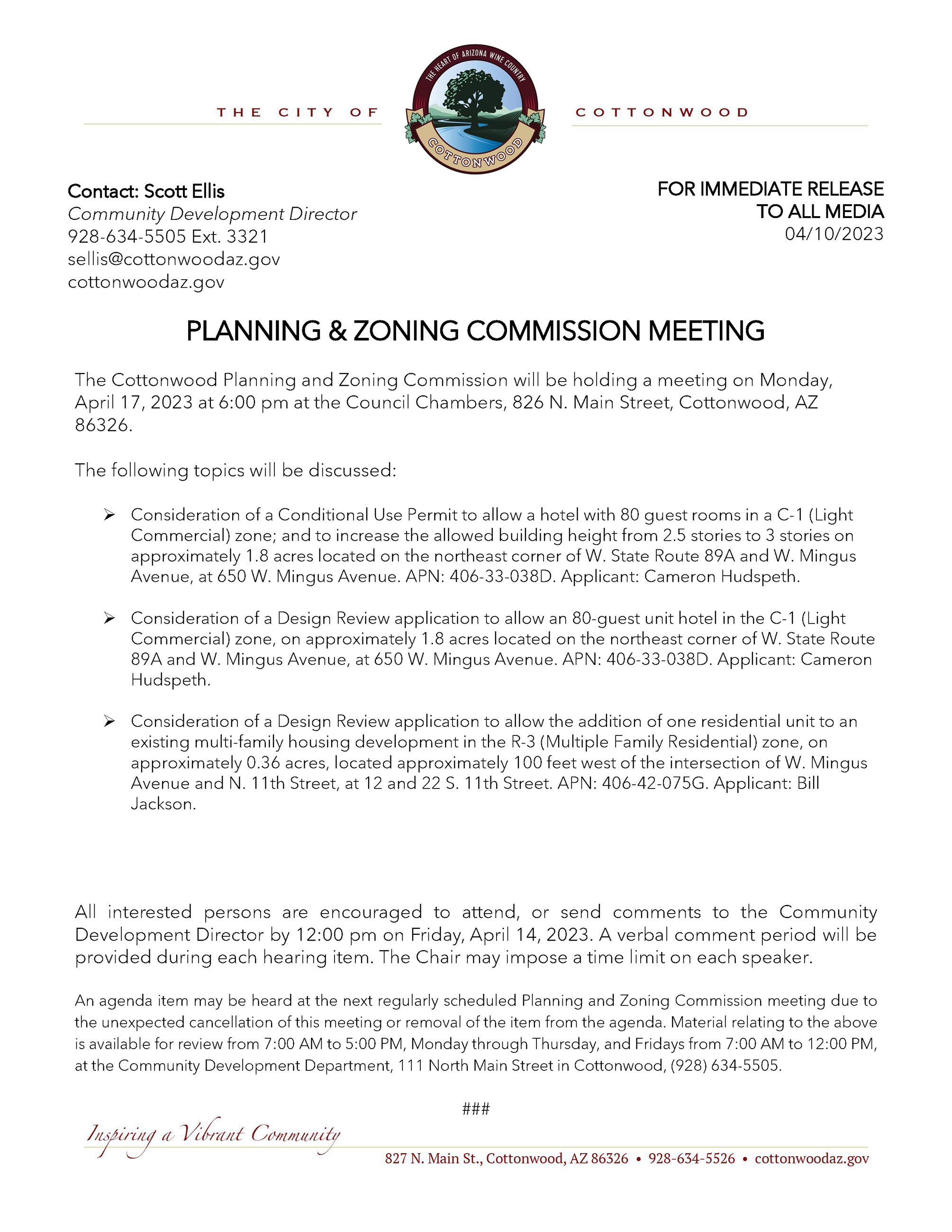 Press Release - P and Z Meeting