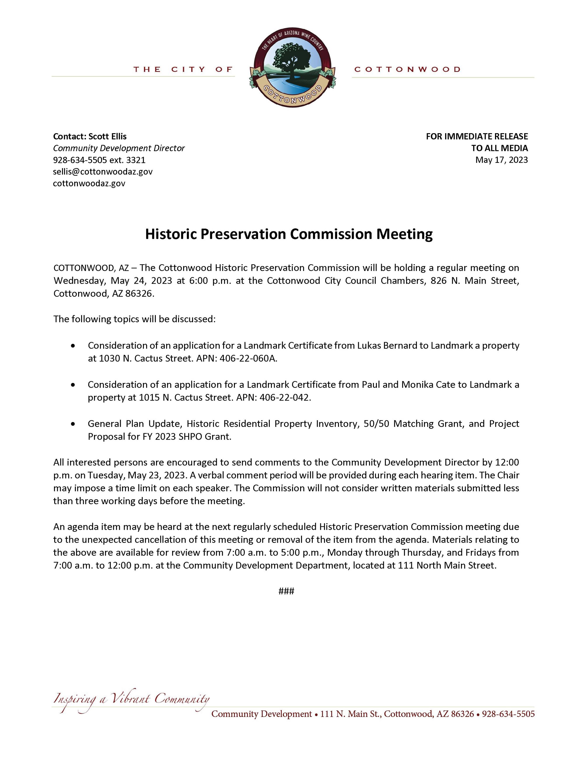 Press Release - HPC Meeting on 5-24-2023