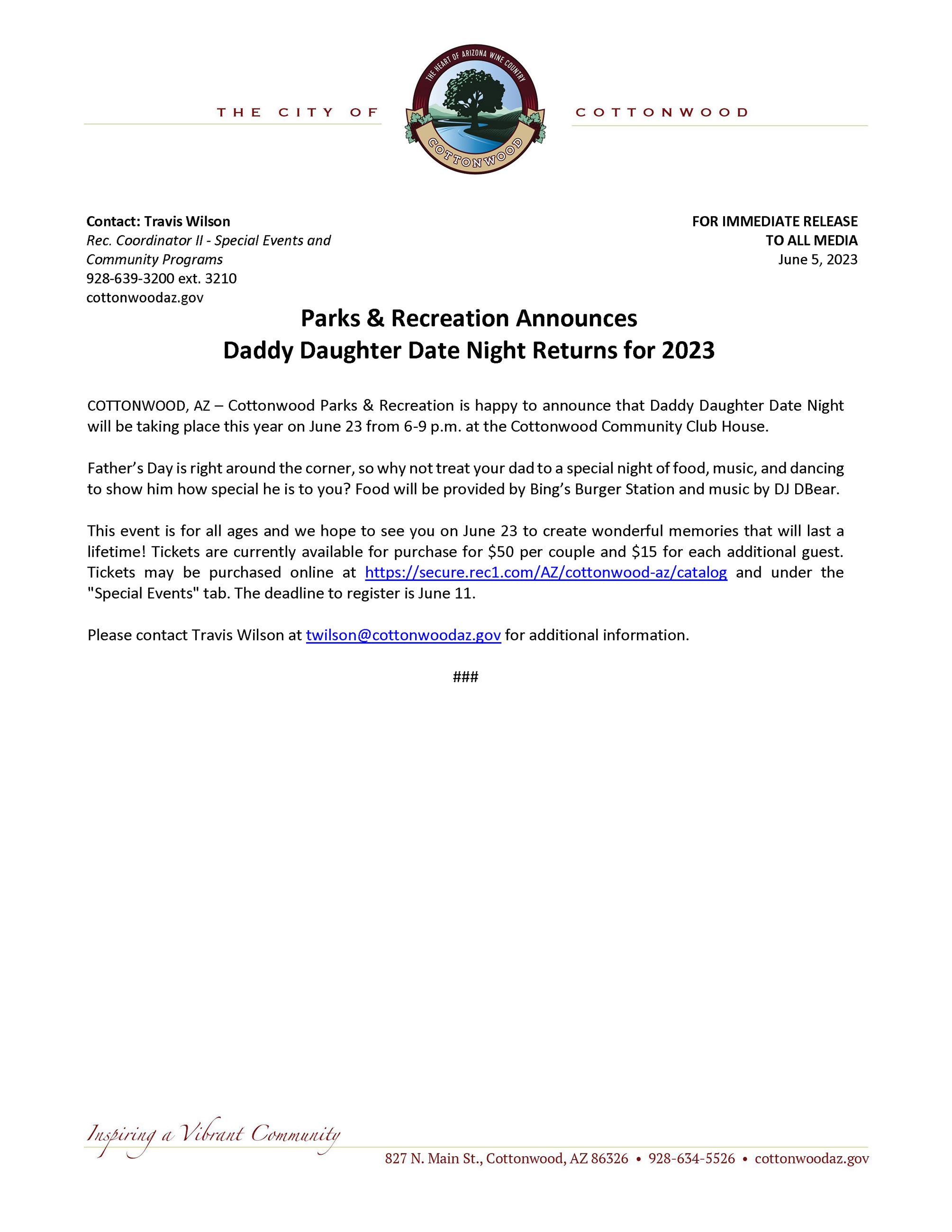 PRESS RELEASE - Daddy Daughter Date Night 2023