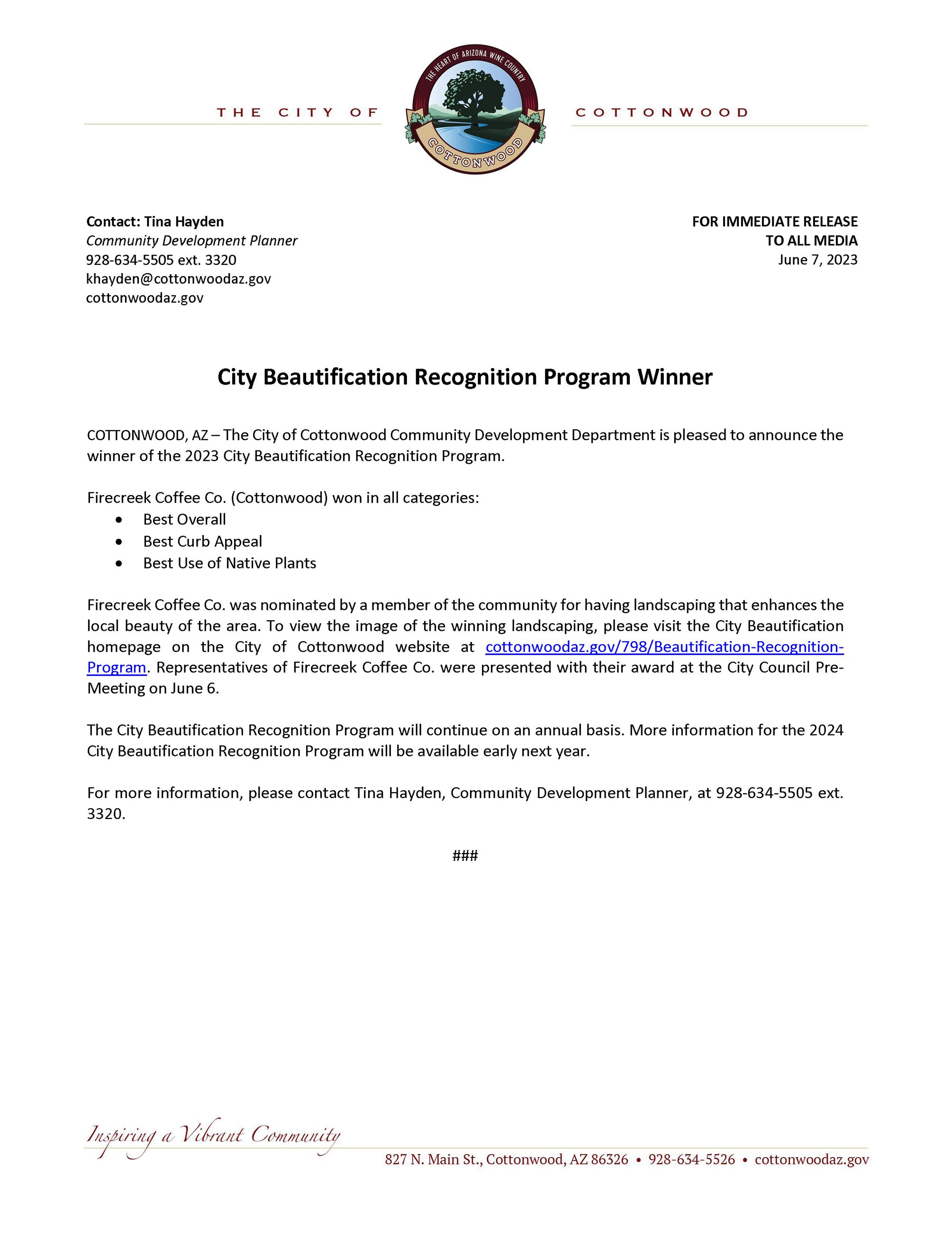 PRESS RELEASE - City Beautification Winner 2023