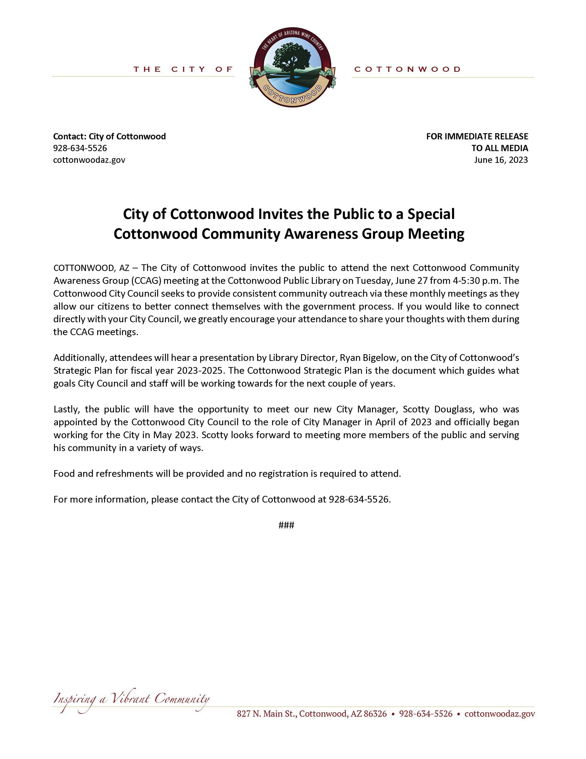 PRESS RELEASE - CCAG June 27 Meeting