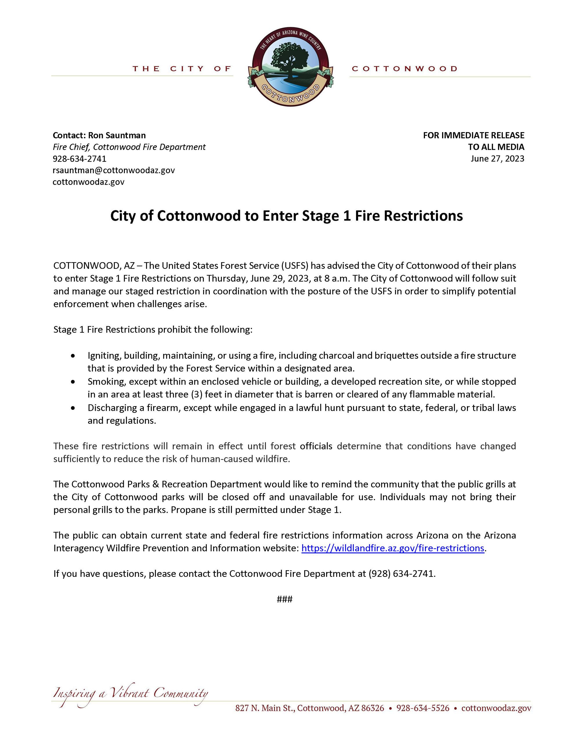 PRESS RELEASE - Cottonwood Moving to Stage 1 Fire Restrictions