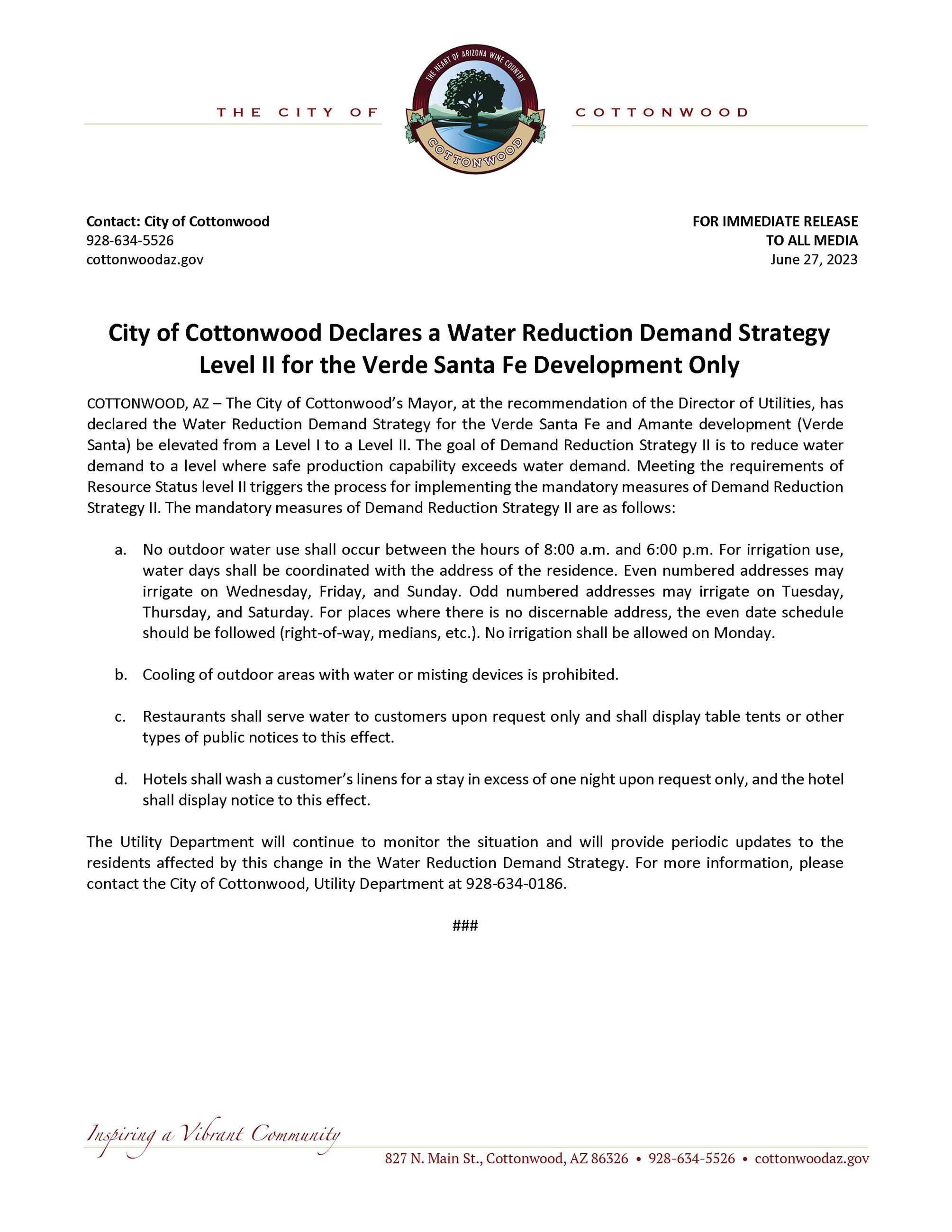 PRESS RELEASE - Cottonwood Declares a Water Reduction Demand Strategy Level II