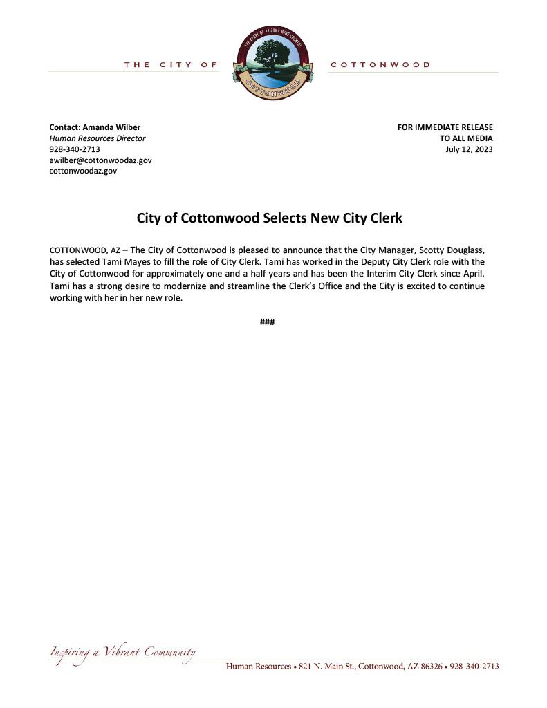 PRESS RELEASE - City Clerk Selected1024_1