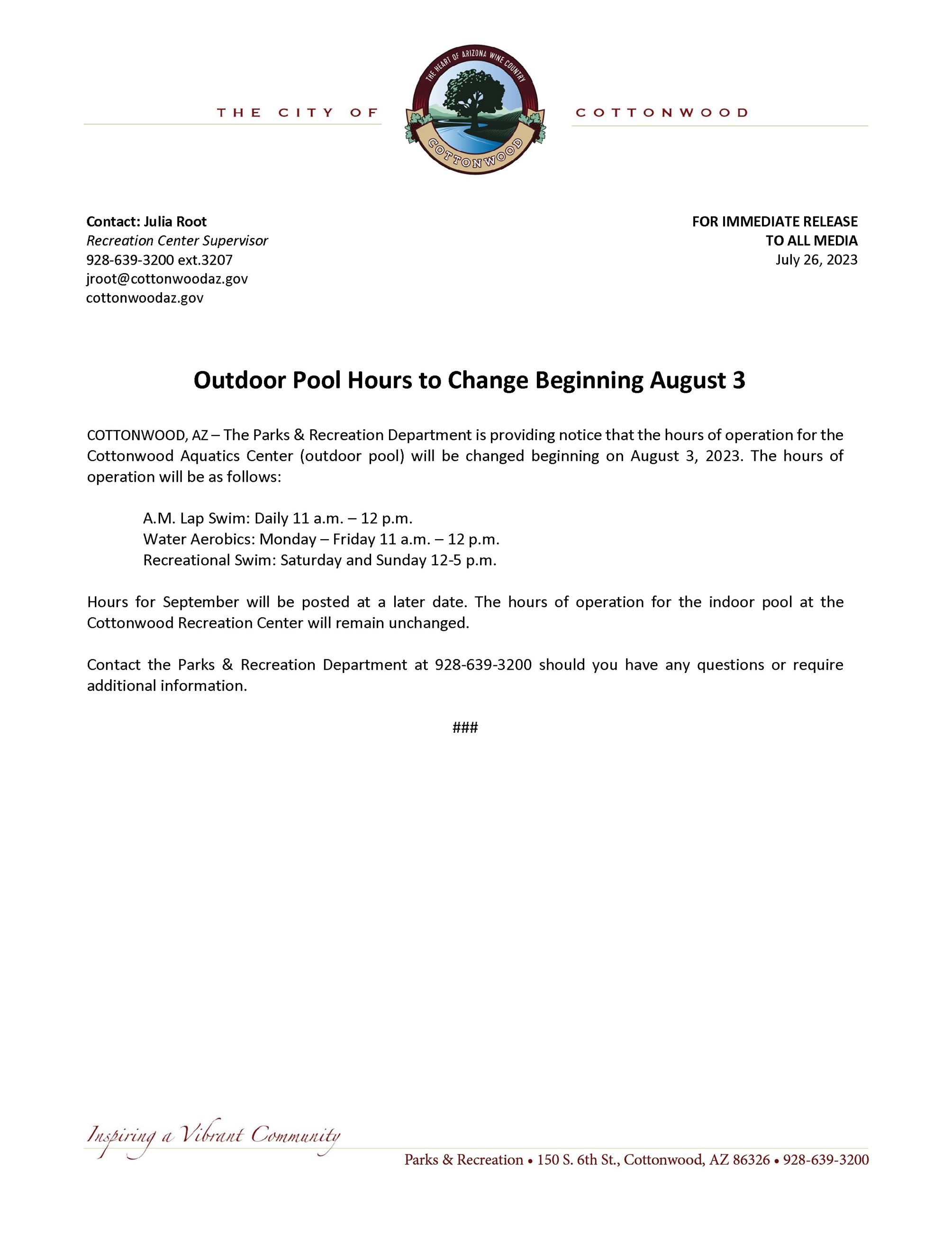 PRESS RELEASE - Outdoor Pool Hours for August 2023