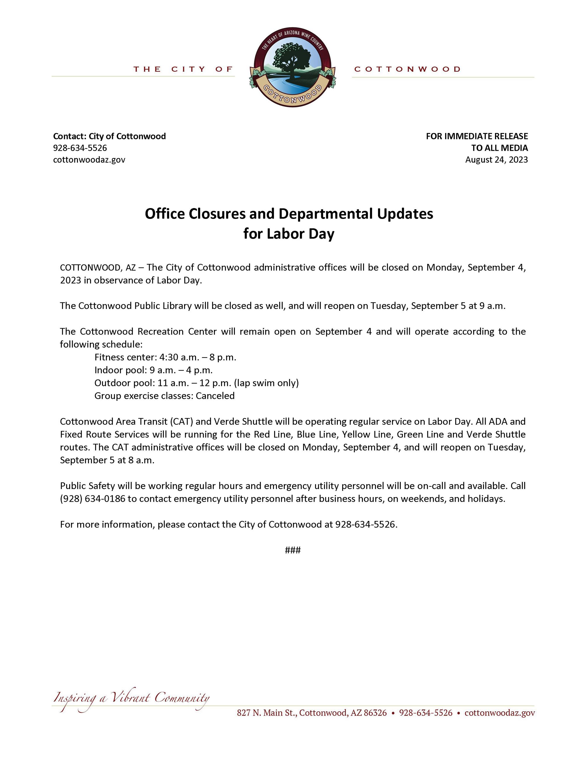 PRESS RELEASE - Labor Day 2023