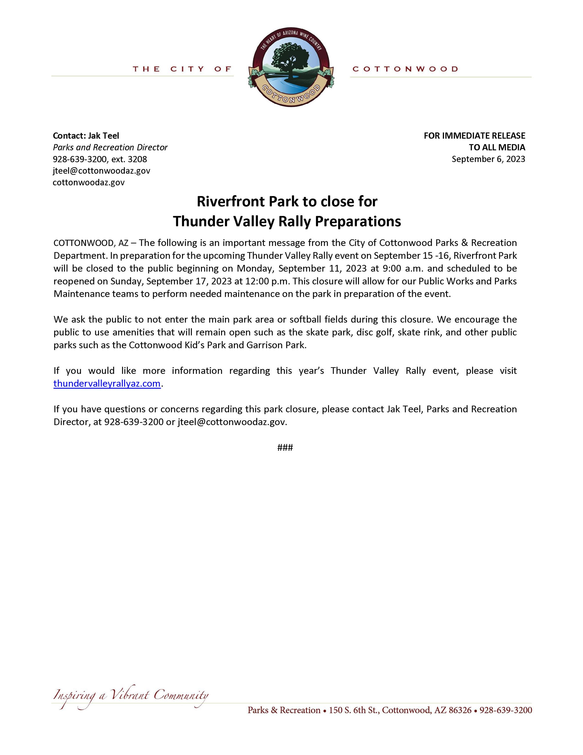 PRESS RELEASE - Riverfront Park Closure for TVR 2023