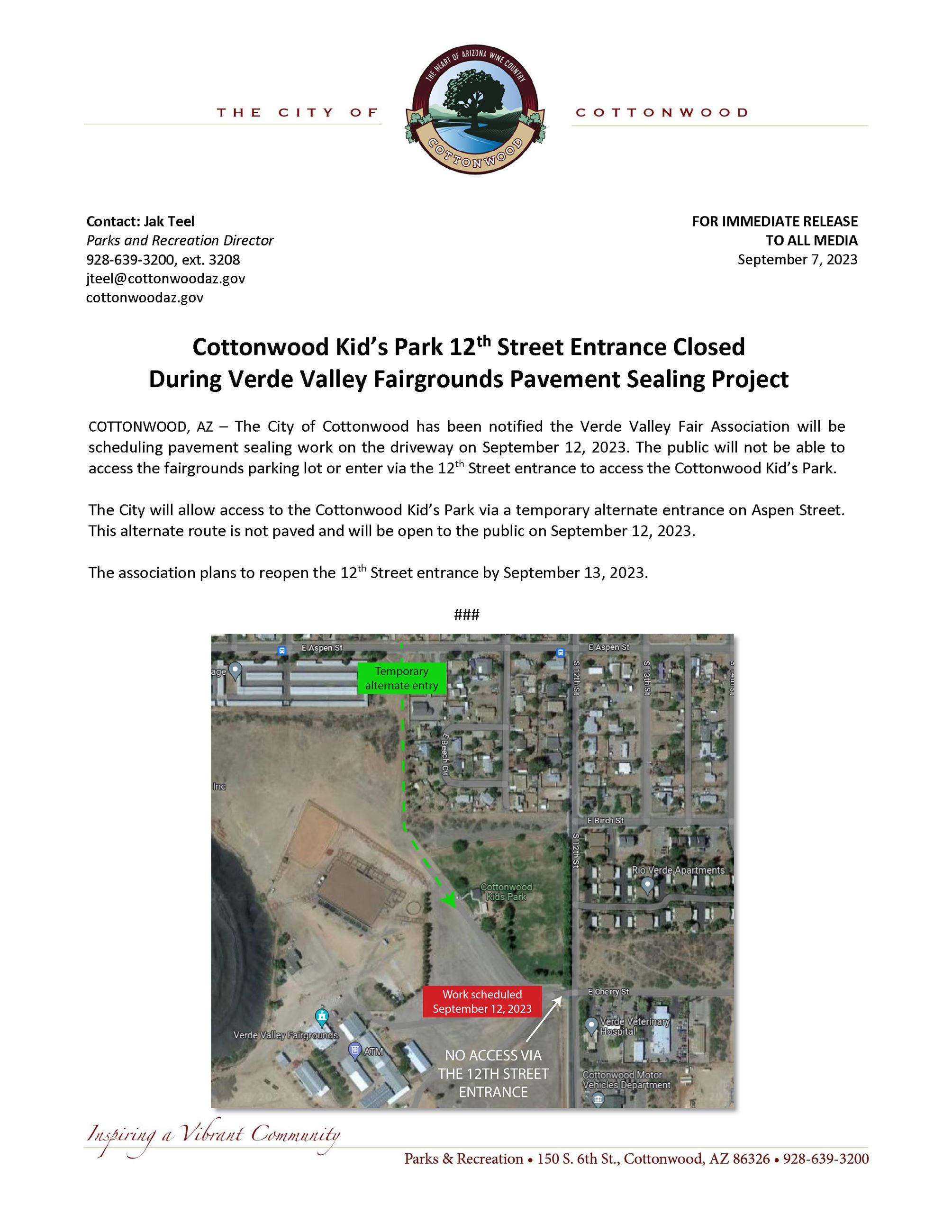 PRESS RELEASE - Alternate Cottonwood Kids Park Access on September 12