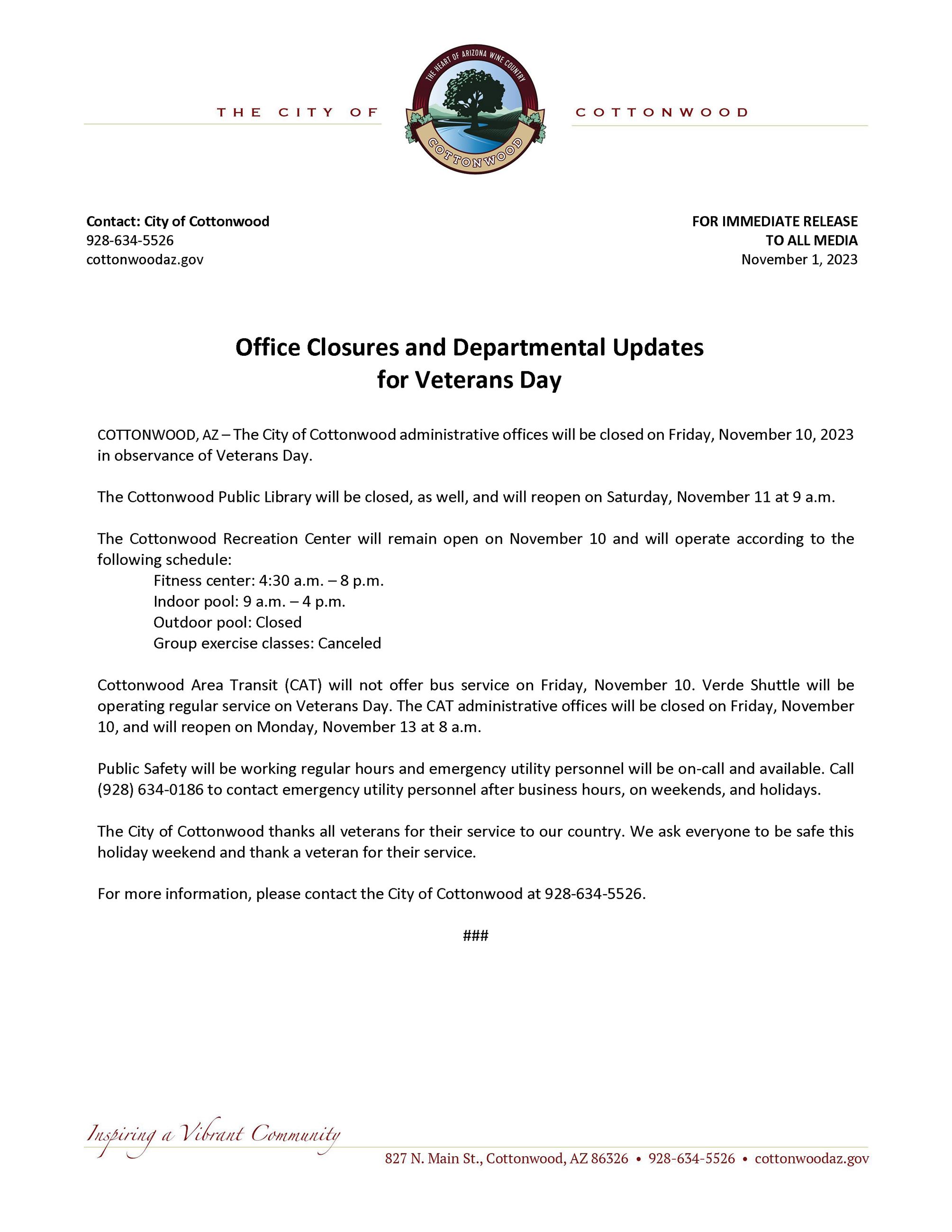 PRESS RELEASE - Veterans Day 2023