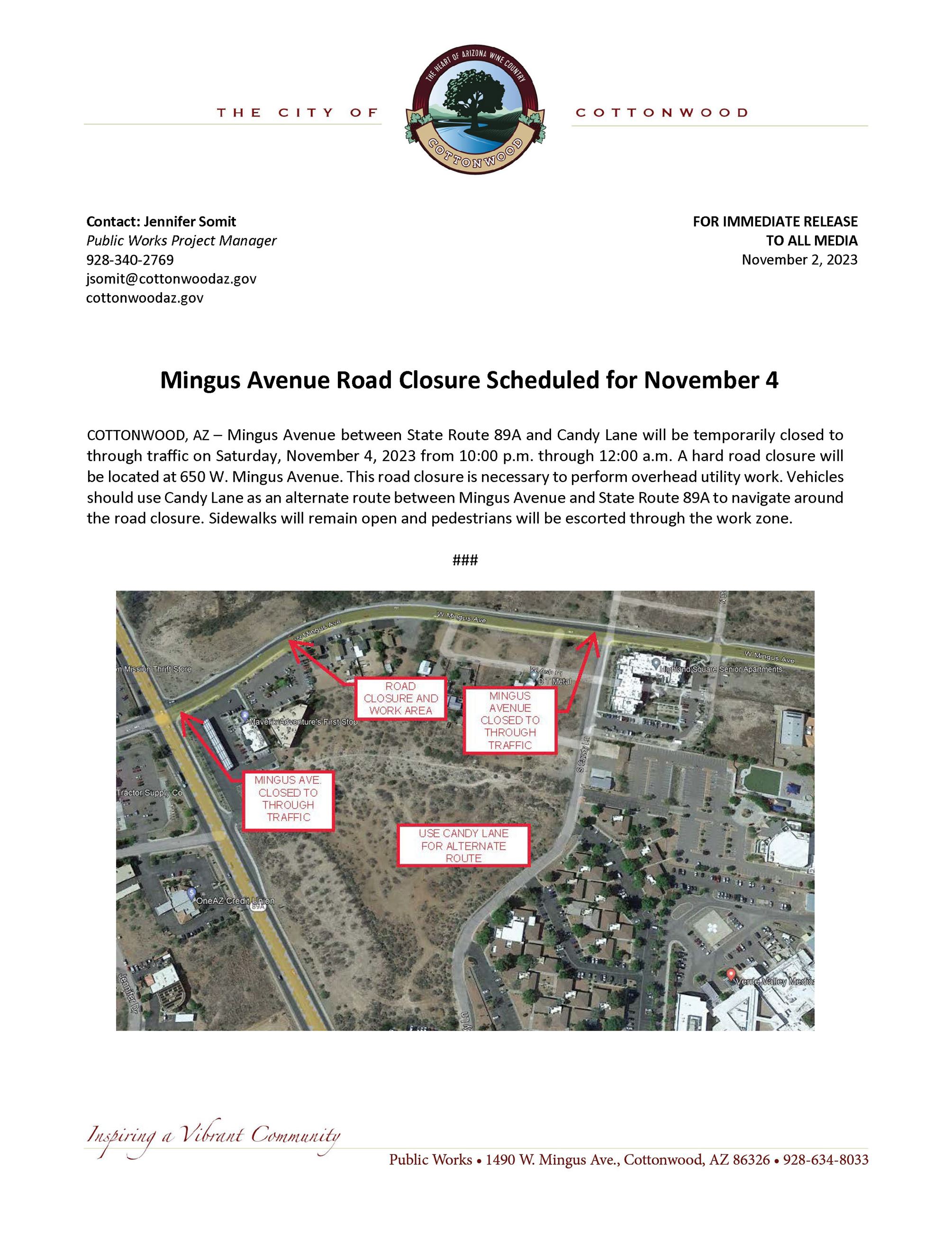 PRESS RELEASE - Mingus Avenue Closure
