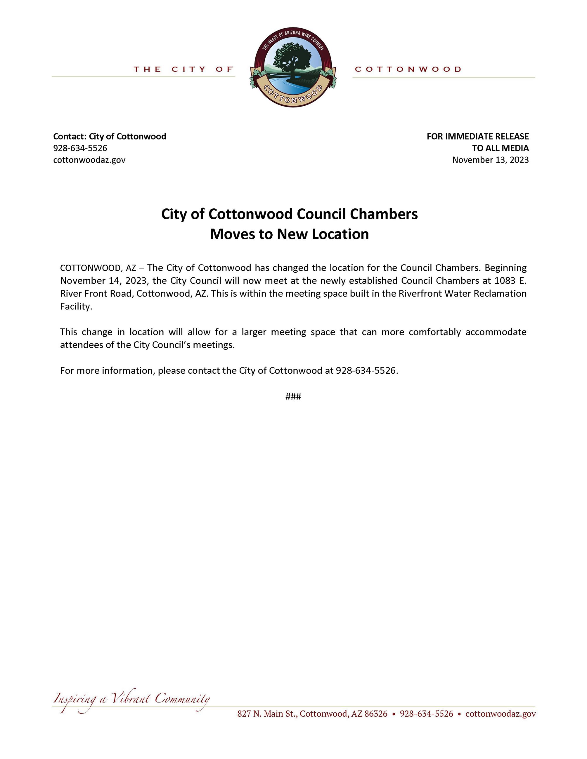 PRESS RELEASE - Council Chambers Changes Location