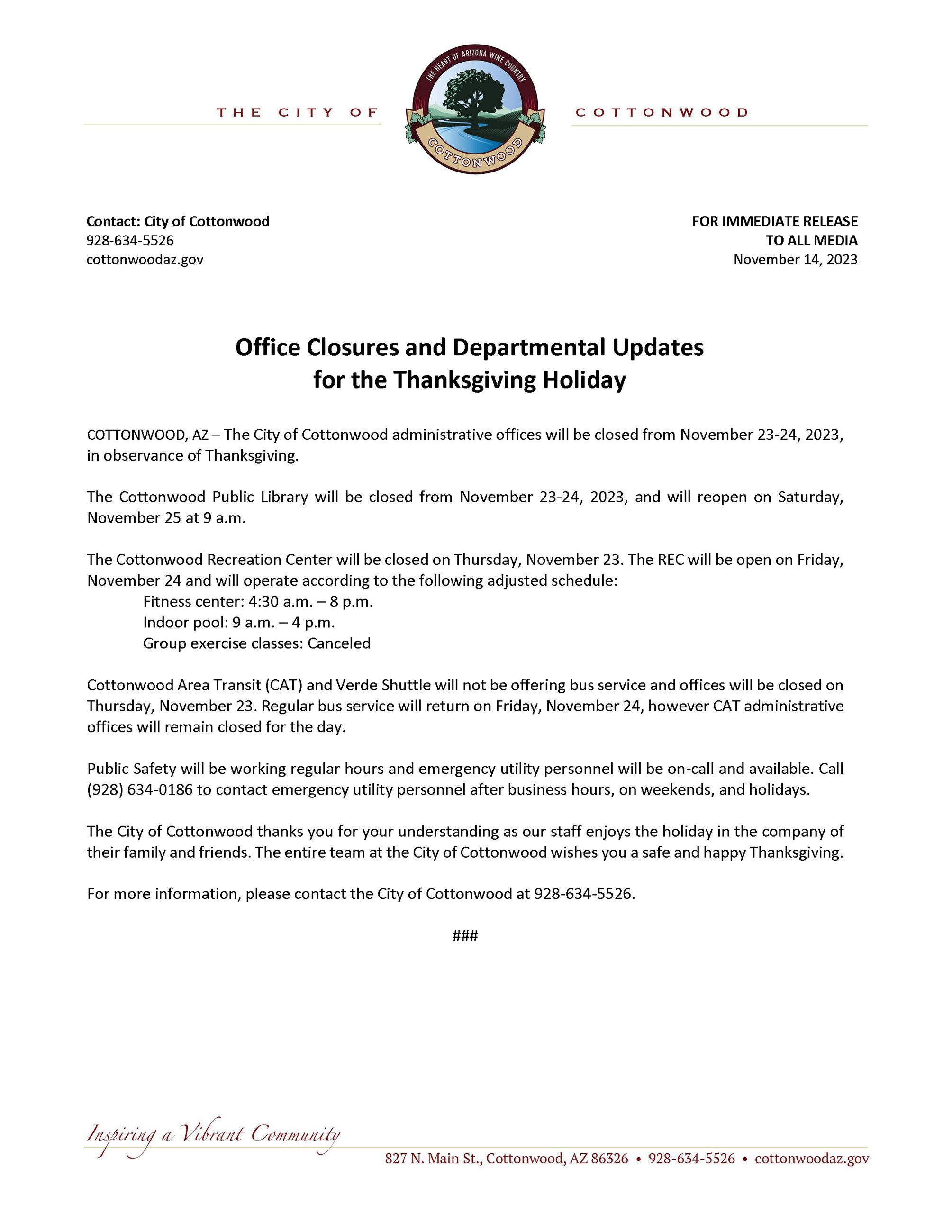 PRESS RELEASE - Thanksgiving Day 2023