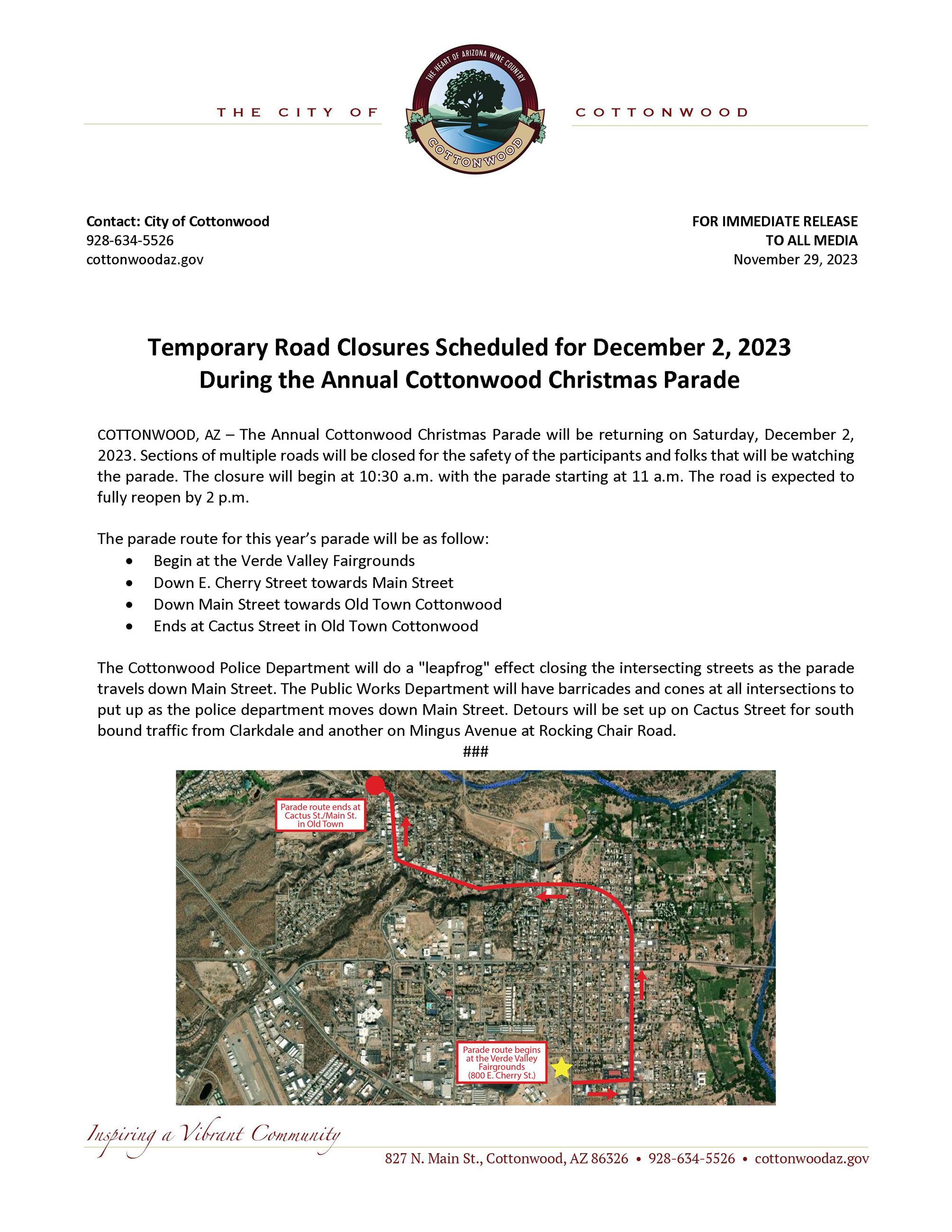 PRESS RELEASE - Road Closures for Cottonwood Christmas Parade