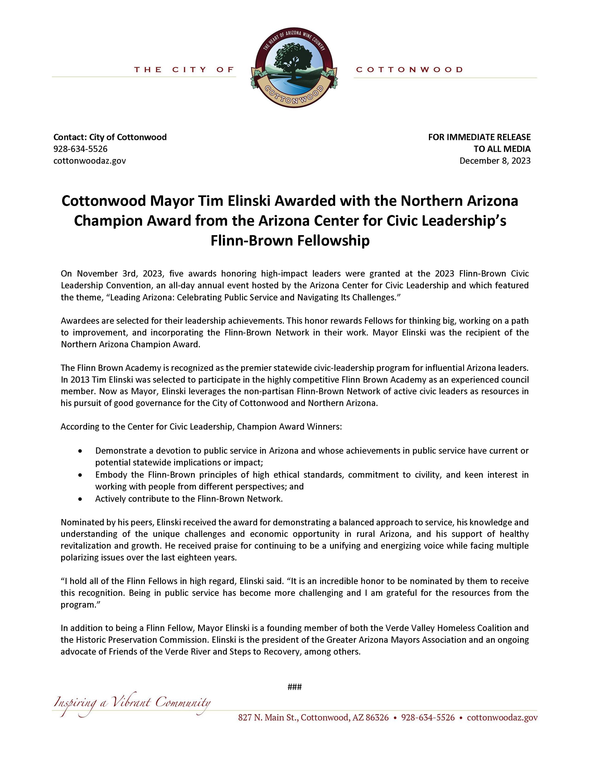 PRESS RELEASE - Mayor Elinski Receives Northern Arizona Champion Award