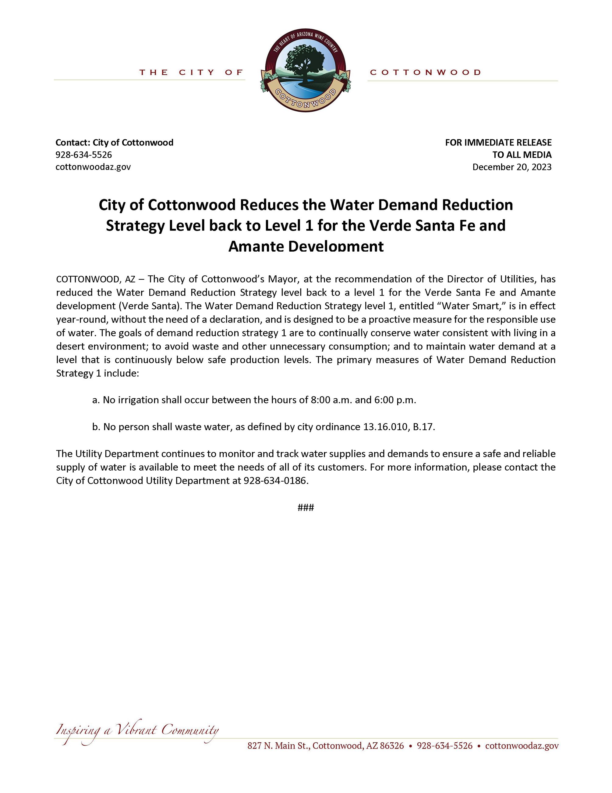 PRESS RELEASE - Cottonwood Reduces Water Demand Reduction Strategy Level
