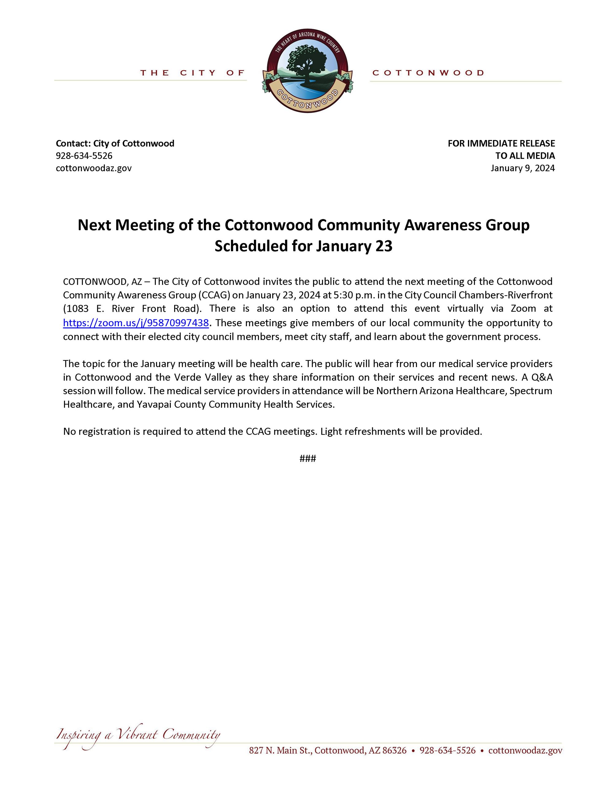 PRESS RELEASE - CCAG Meeting 1-23-2024