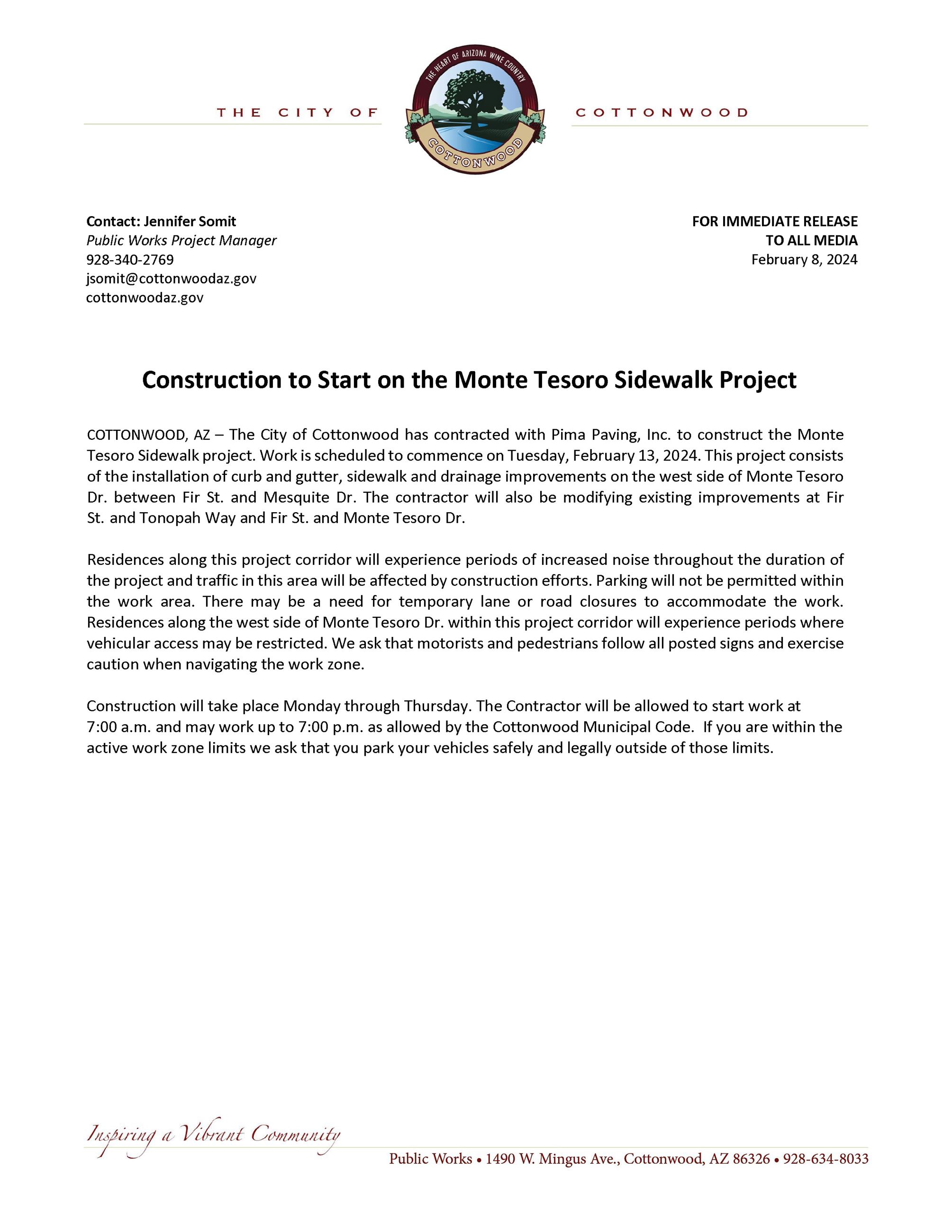 2024-02-08 PRESS RELEASE - Monte Tesoro Sidewalk Project