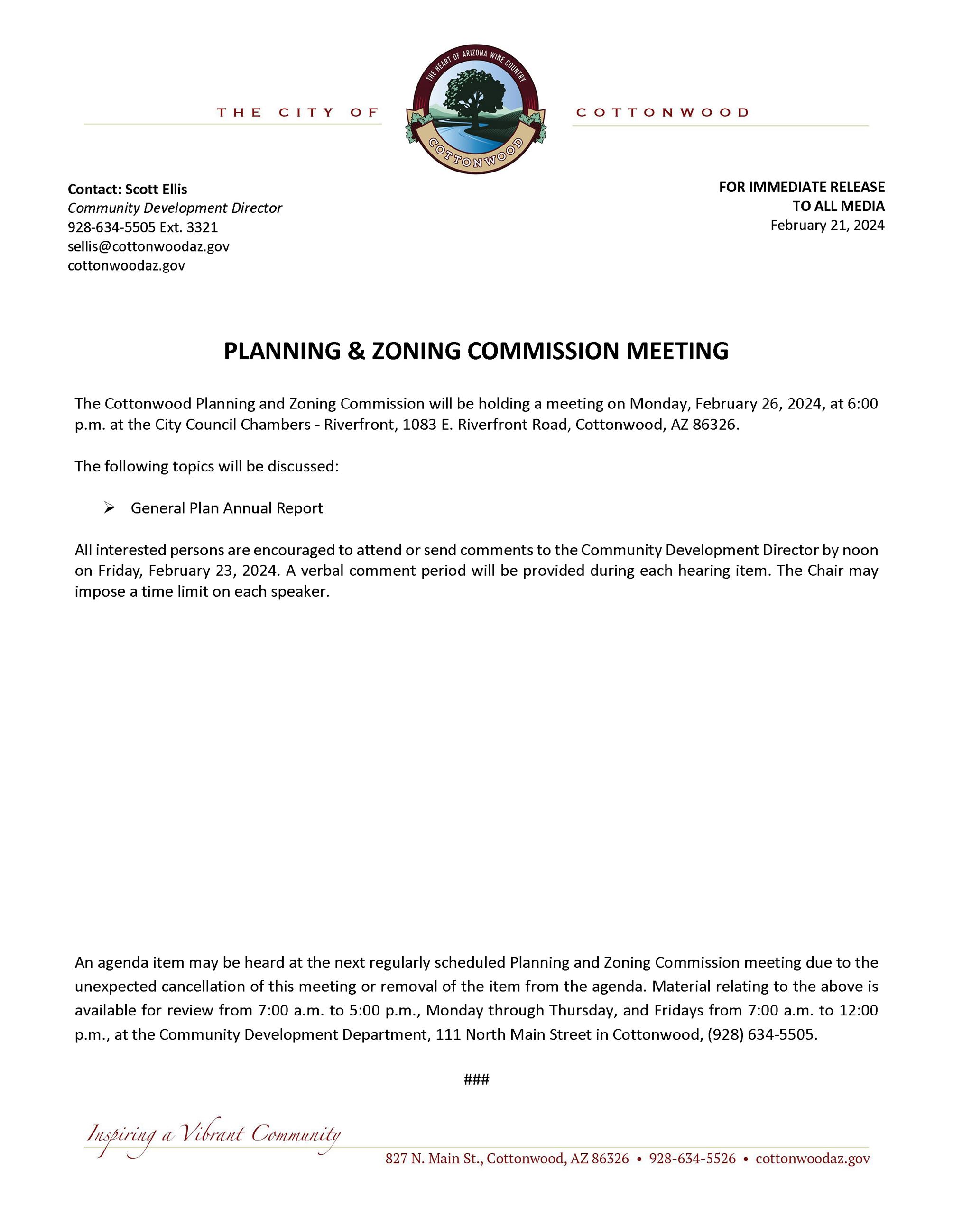 2024-02-21 PRESS RELEASE - PZ Meeting
