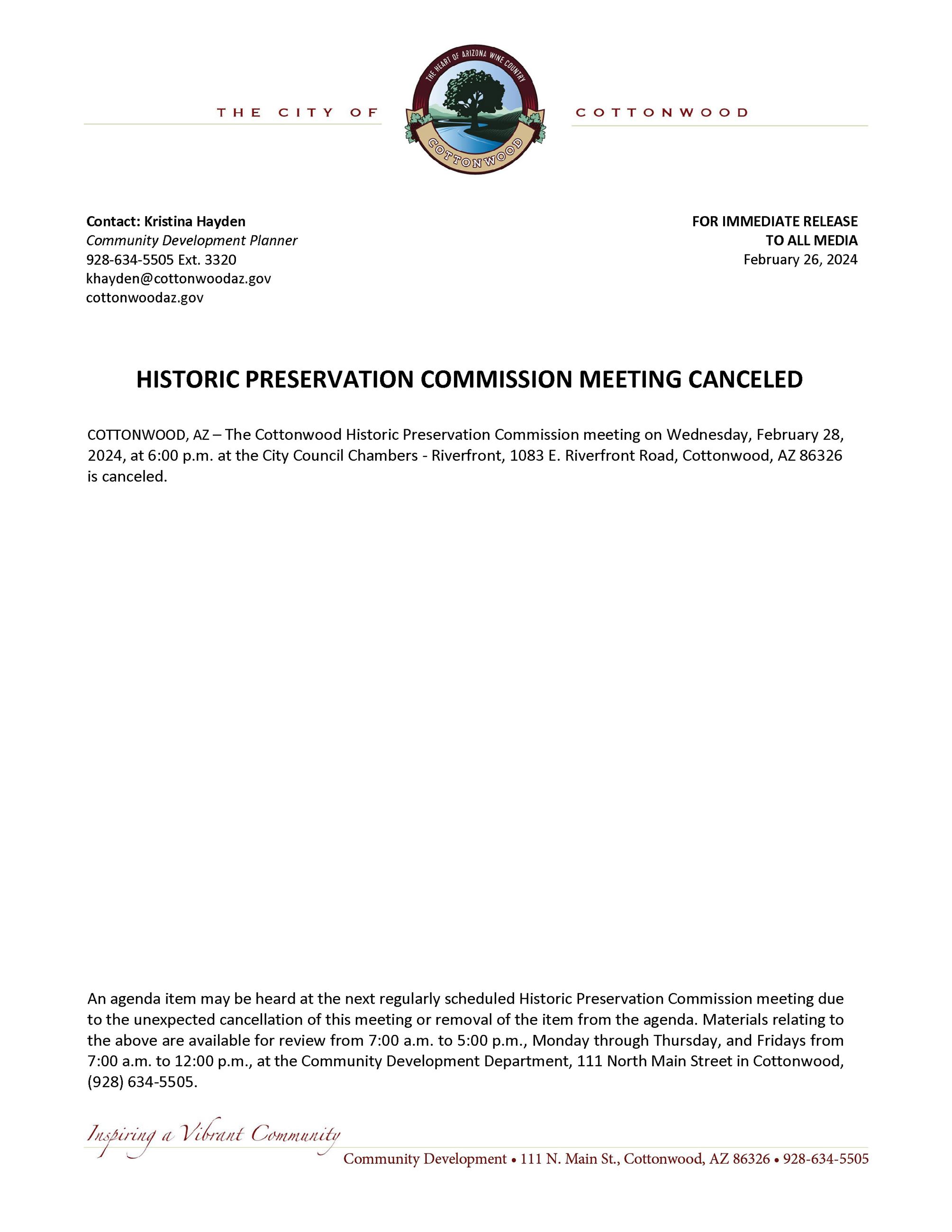 PRESS RELEASE - HPC Meeting Canceled