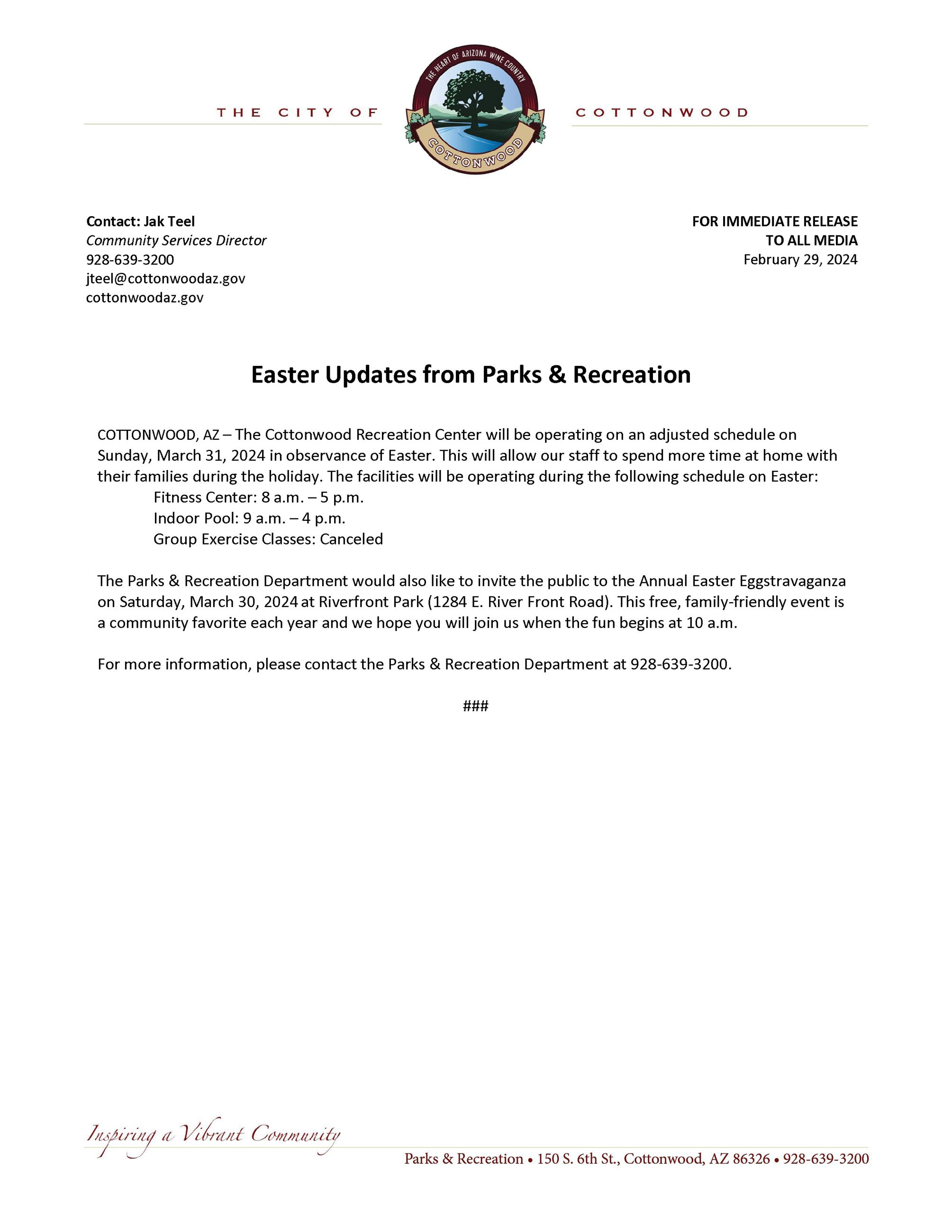 PRESS RELEASE - Easter Updates from Parks and Recreation