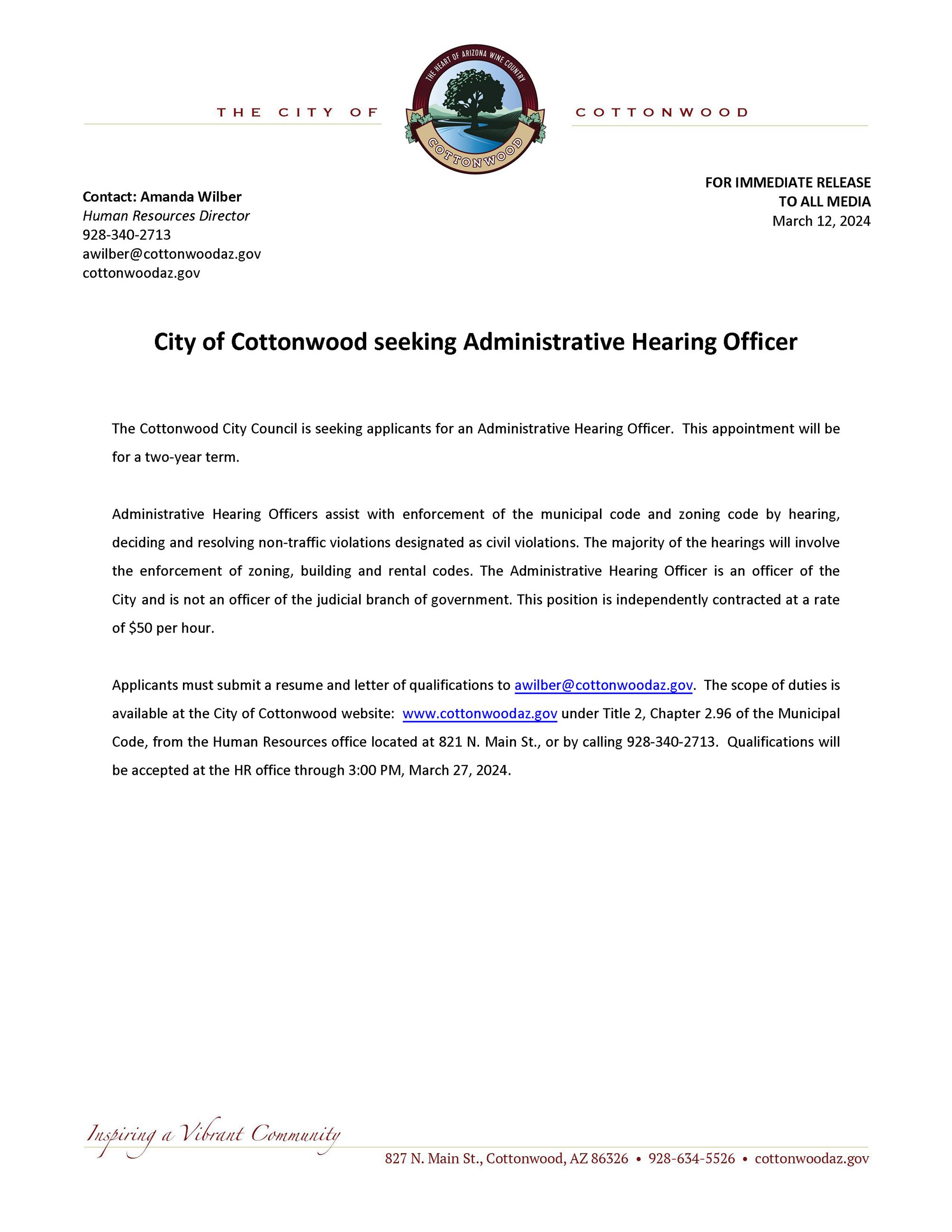 Press Release - Administrative Hearing Officer - 3-27-2024