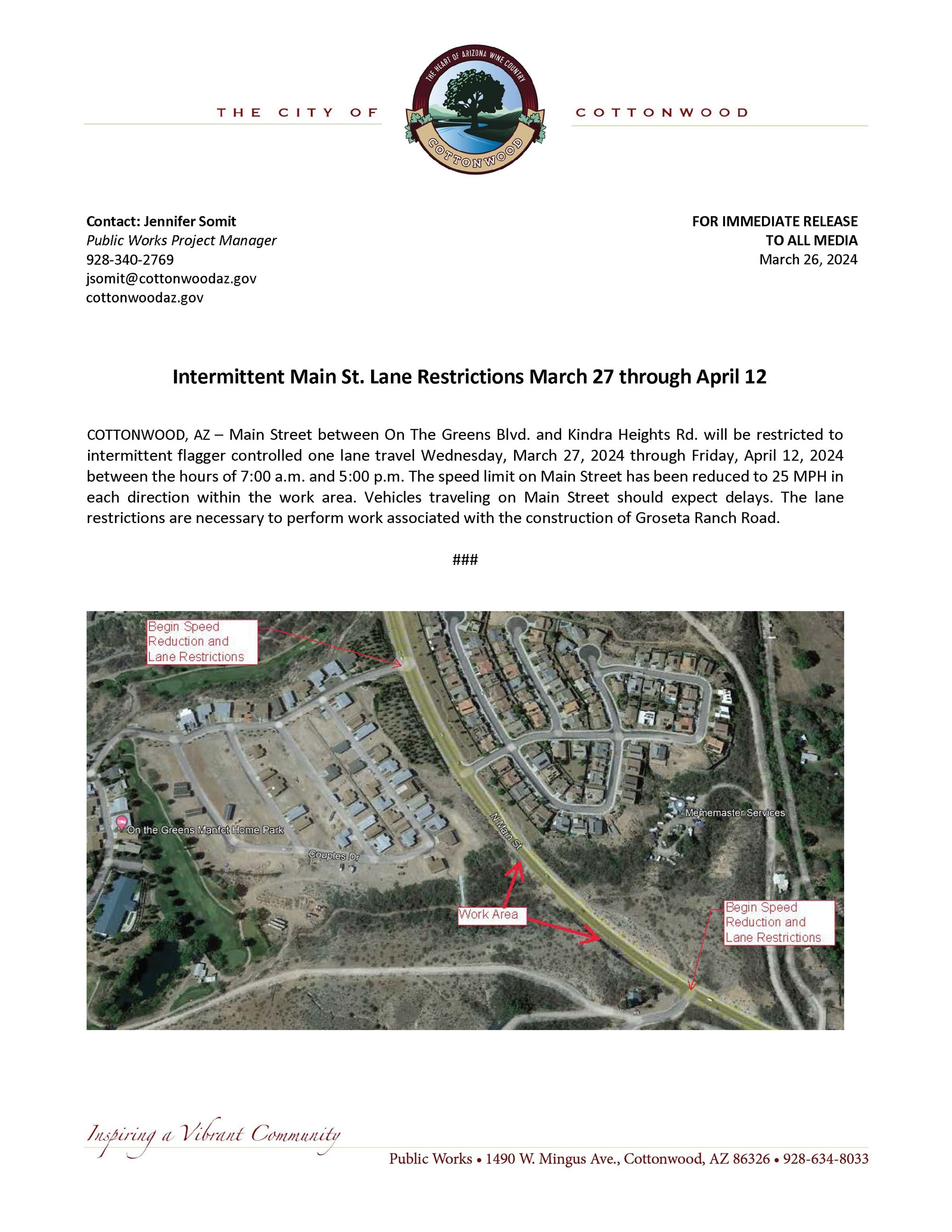 PRESS RELEASE - Intermittent Main Street Lane Restrictions Beginning March 27