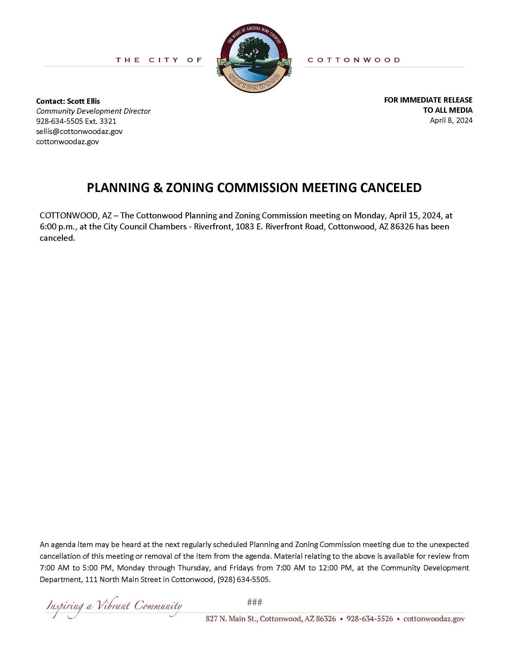 Press Release - PZ Meeting Canceled