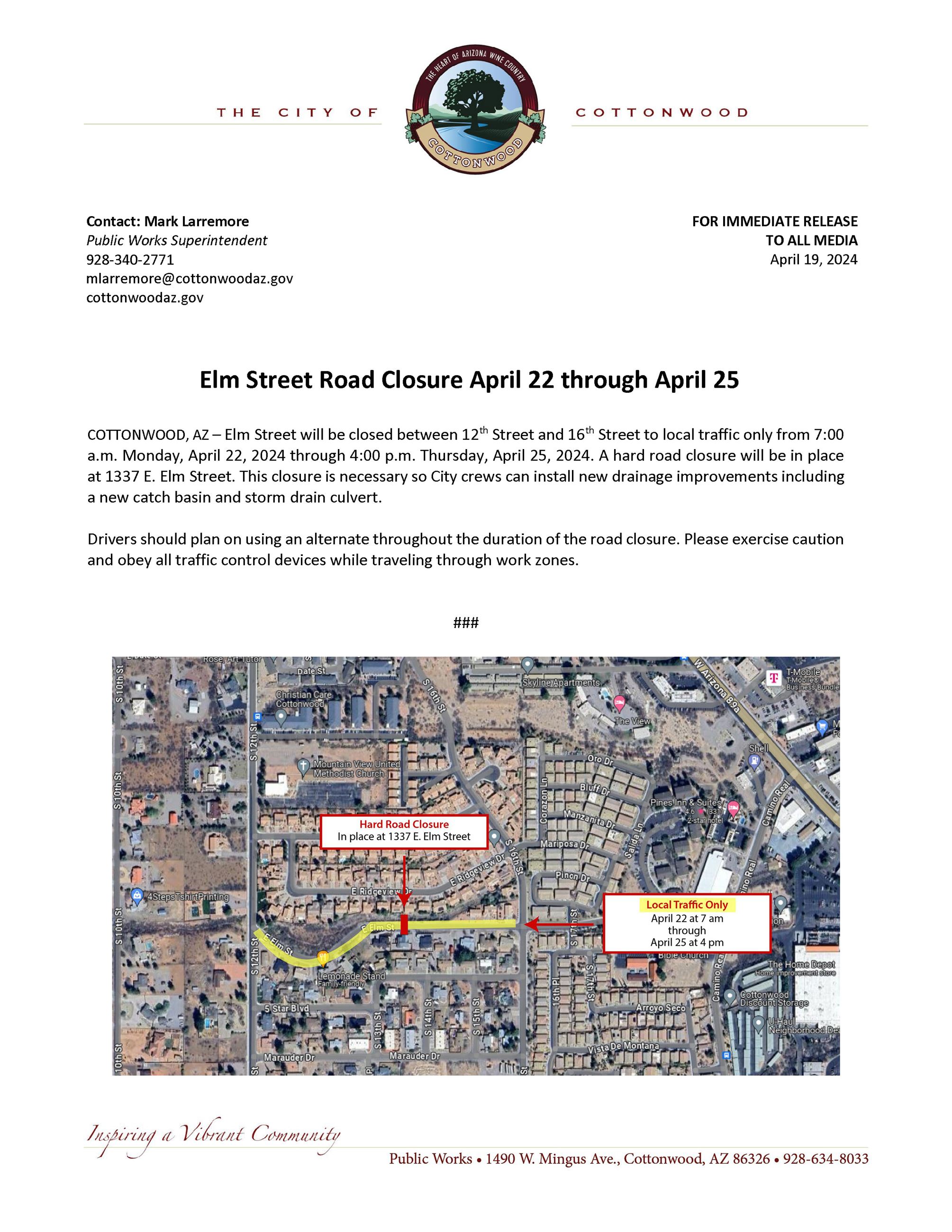 Press Release - Elm Street Road Closure April 22-25
