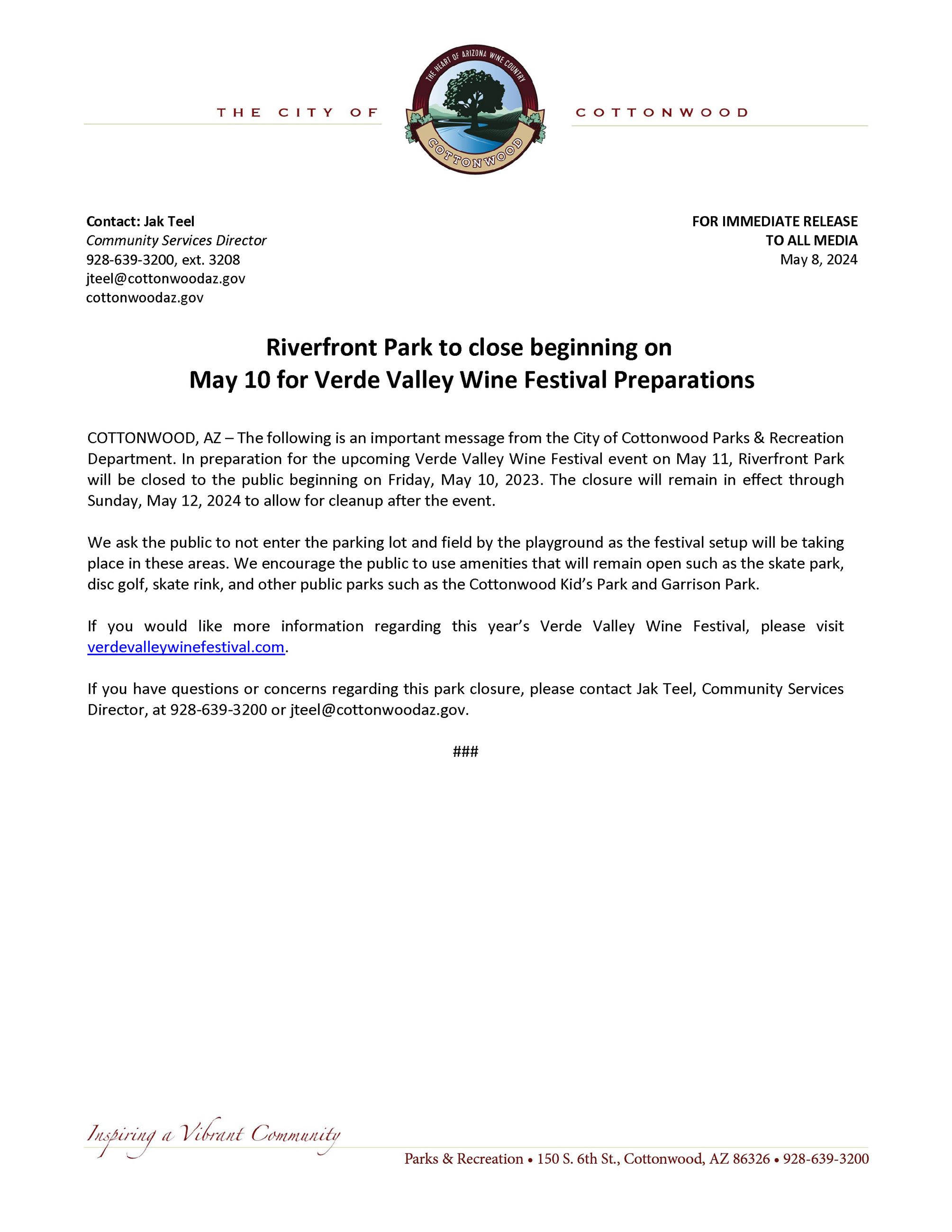 PRESS RELEASE - Riverfront Closure for VVWF 2024