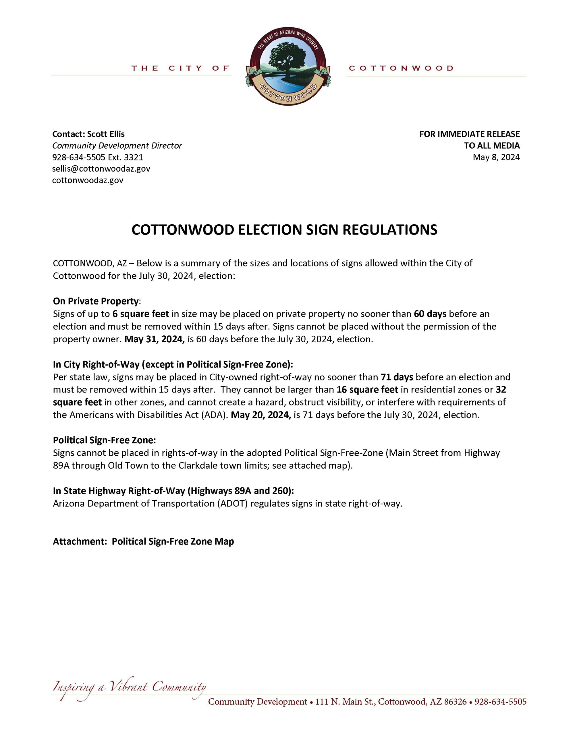 Press Release - Cottonwood Election Sign Regulations