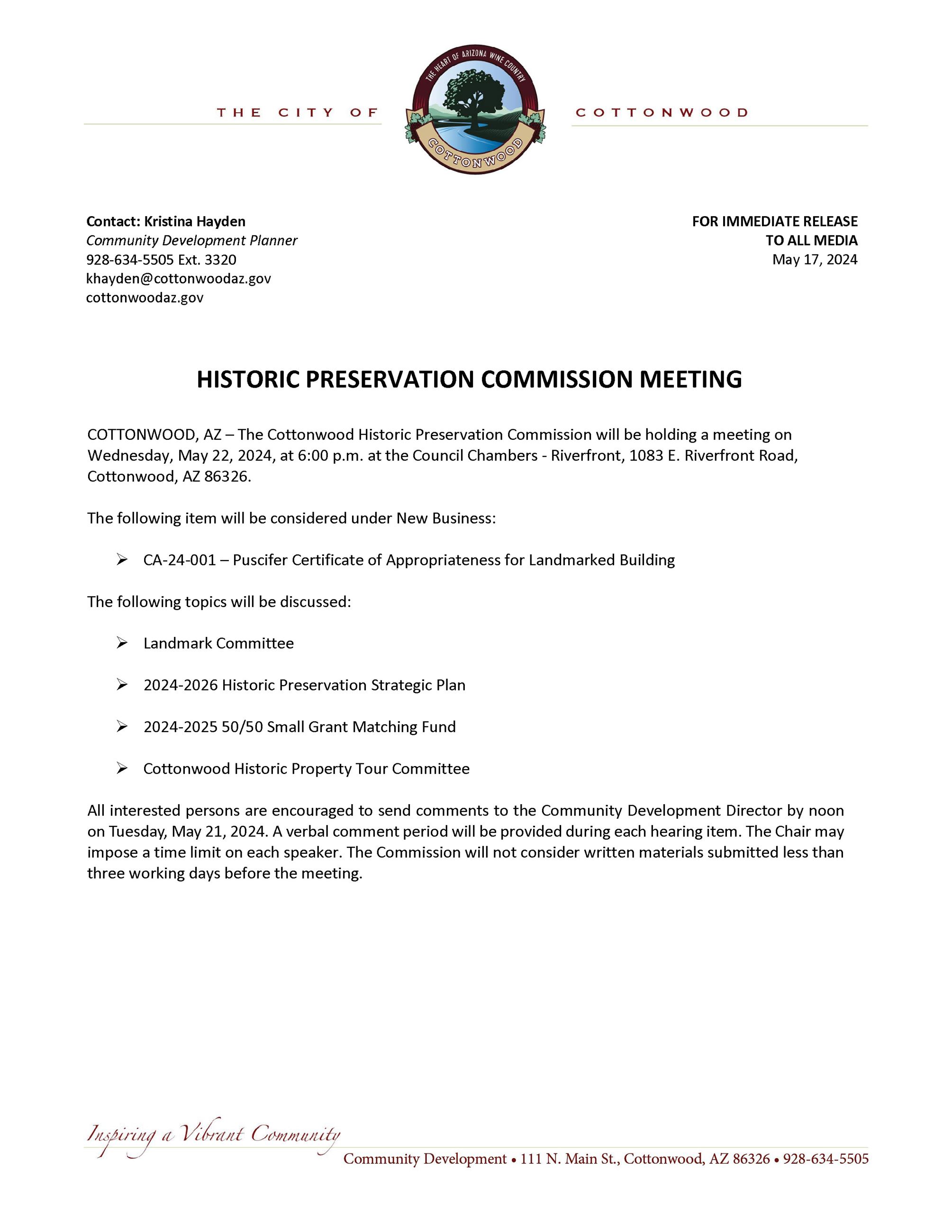 Press Release - HPC Meeting 5-22-2024