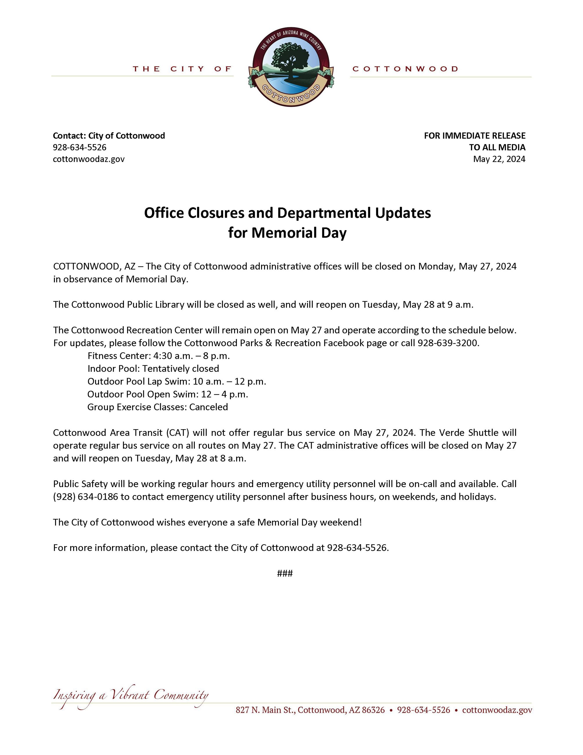 PRESS RELEASE - Memorial Day 2024