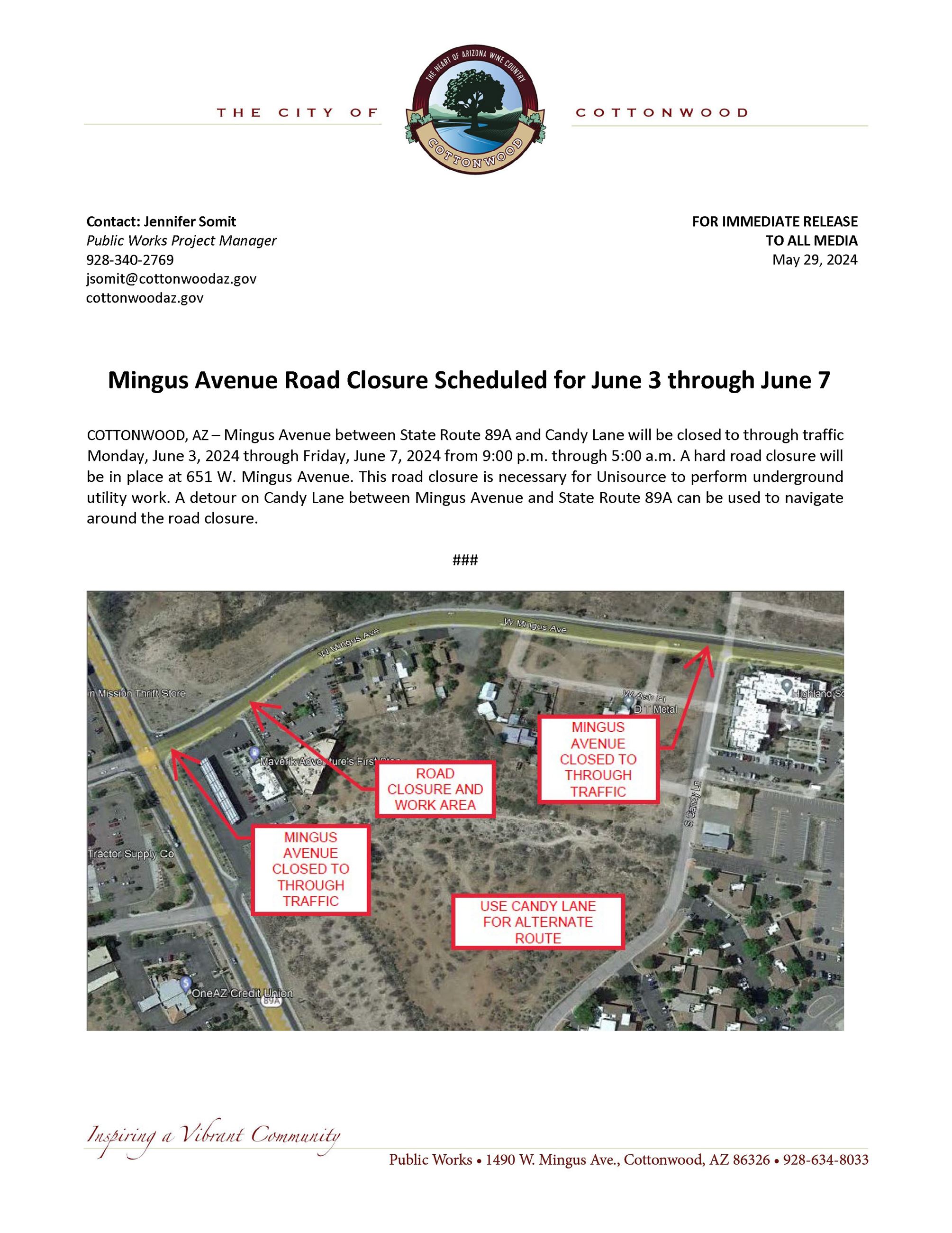 PRESS RELEASE - Mingus Avenue Closure