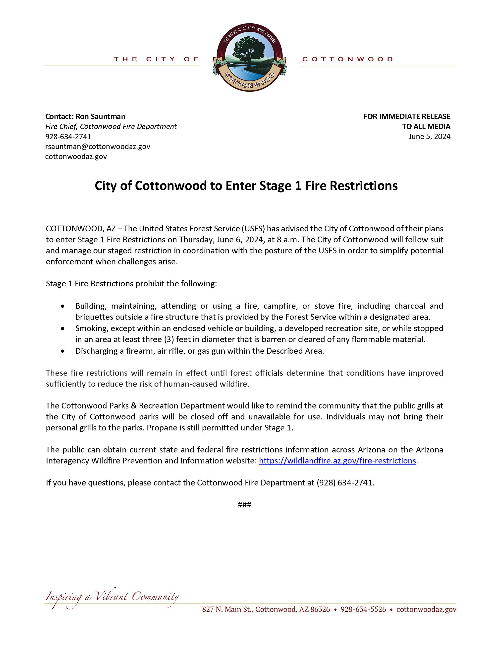 PRESS RELEASE - City of Cottonwood to Enter Stage 1 Fire Restrictions