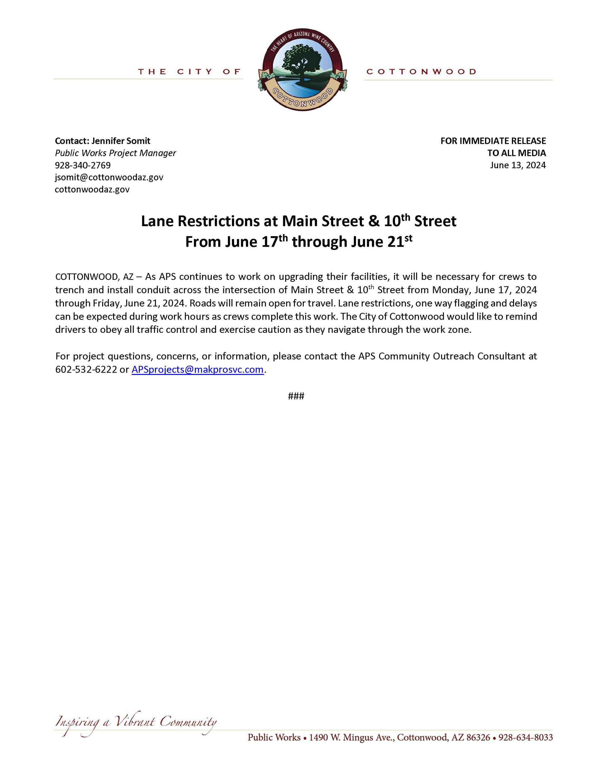 PRESS RELEASE - Lane Restrictions at Main Street and 10th Street