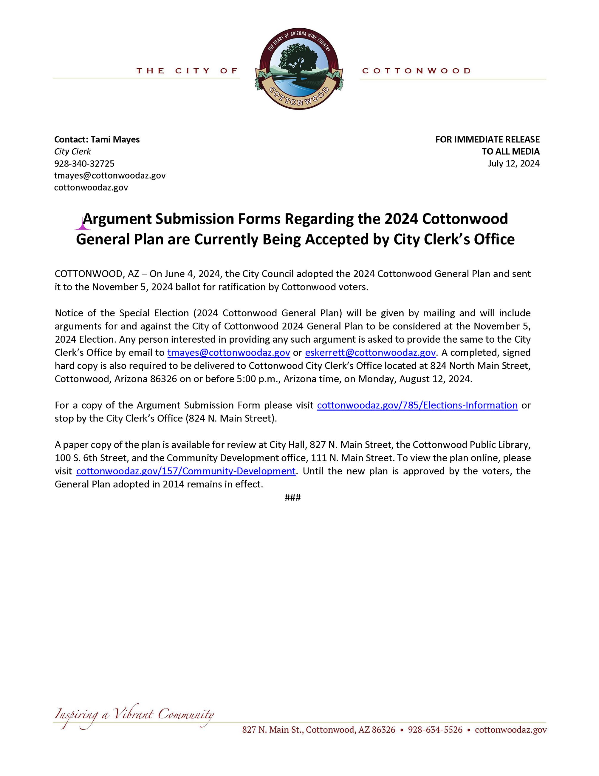 PRESS RELEASE - General Plan Arguments Submission Form