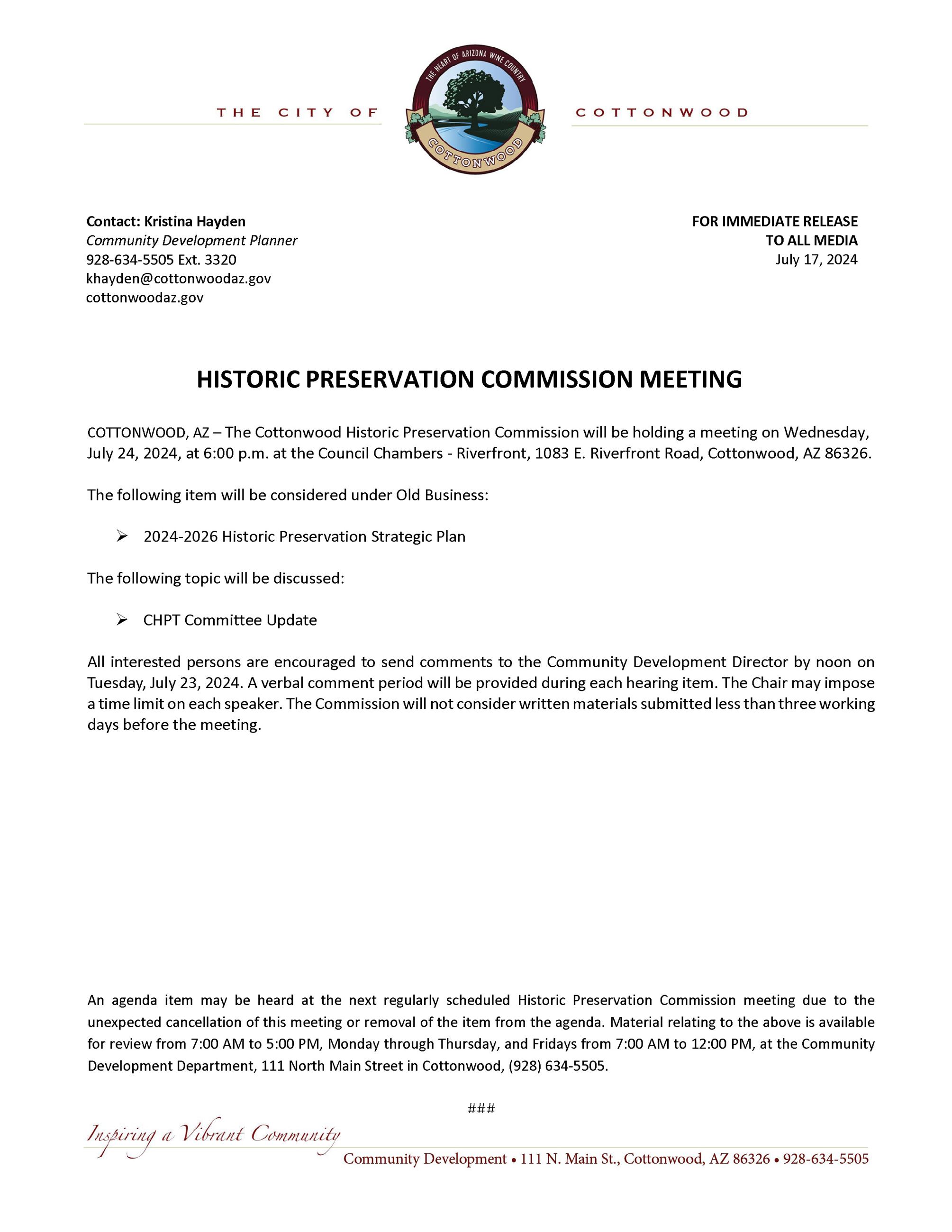 Press Release - HPC Meeting 7-24-2024