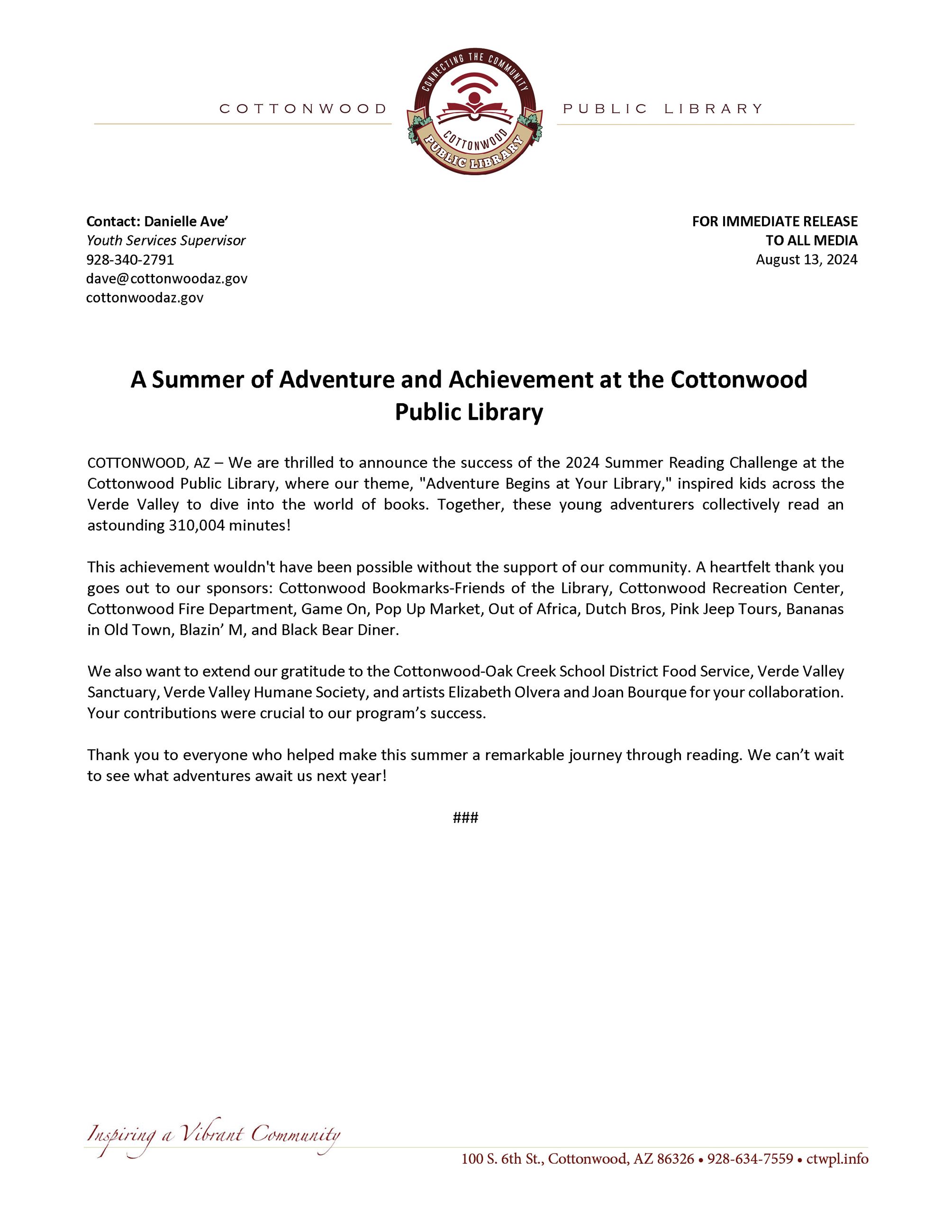 PRESS RELEASE - CPL 2024 Summer Reading Program