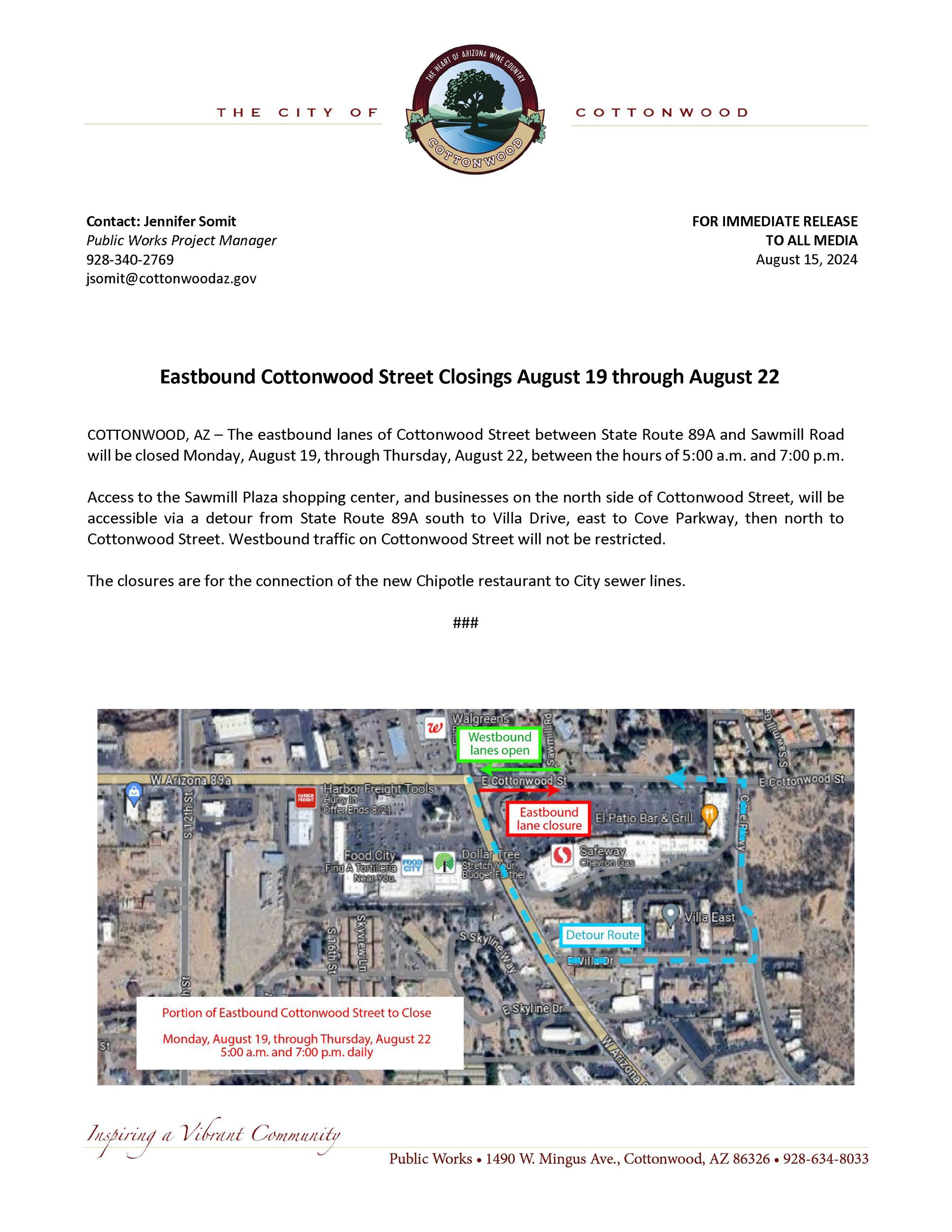 PRESS RELEASE - EB Cottonwood Street closure Aug 19-22