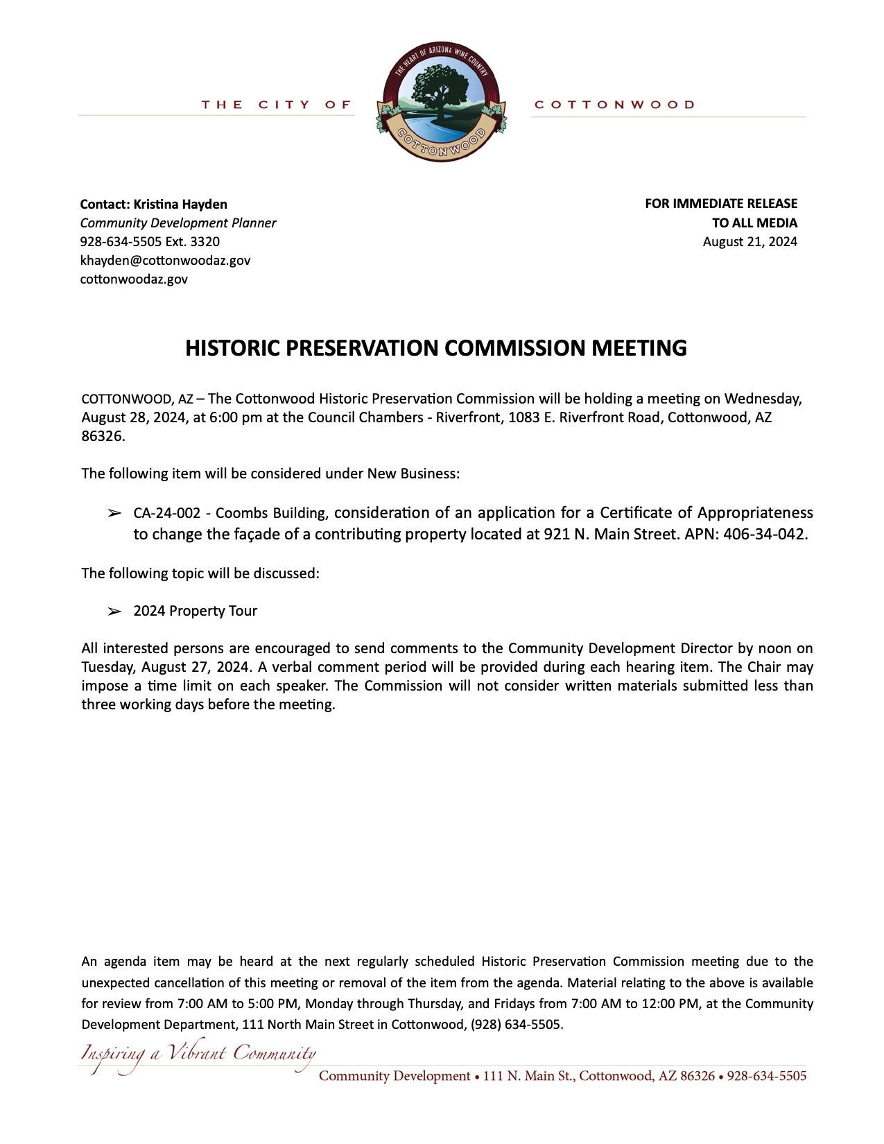 Press Release - HPC Meeting 8-28-2024