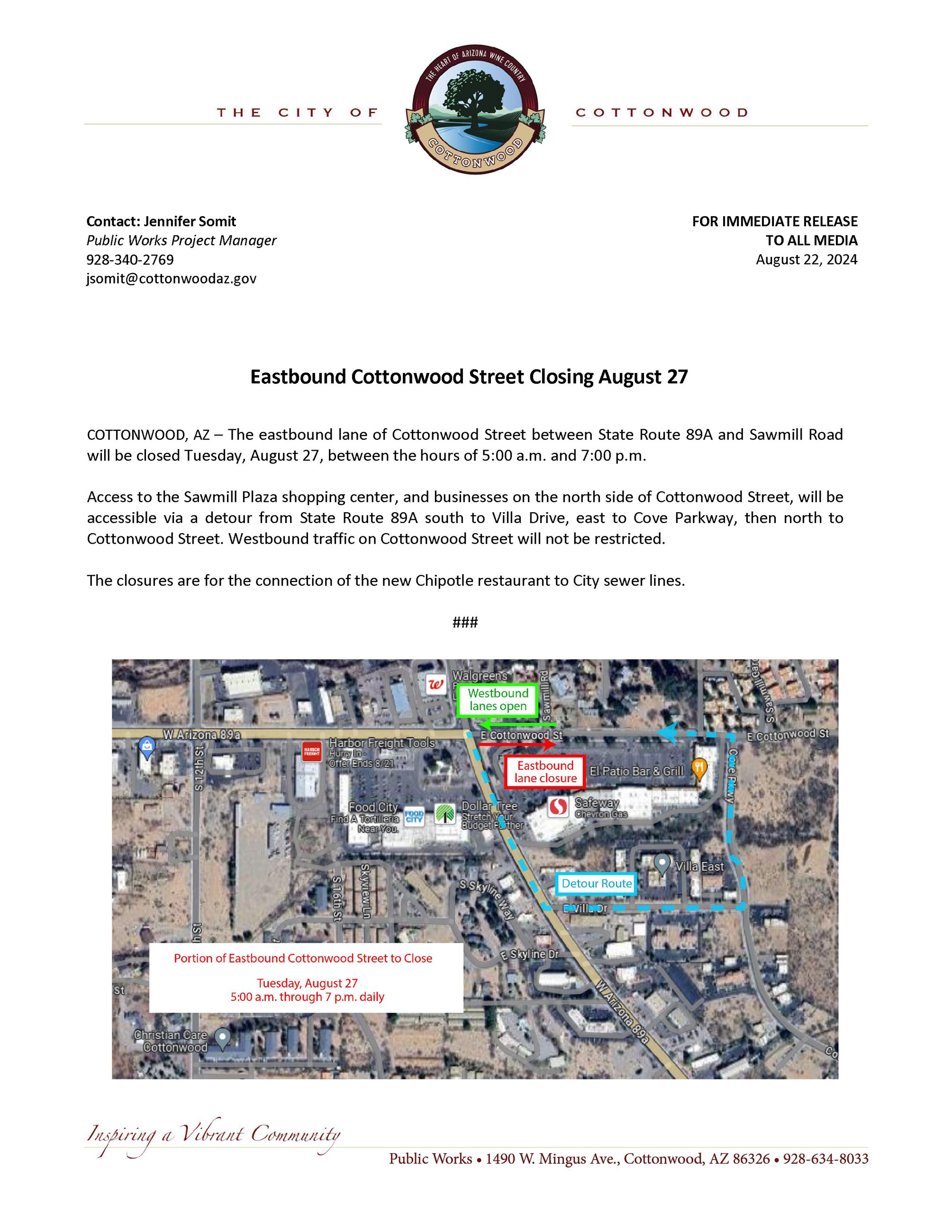 PRESS RELEASE EB Cottonwood Street closure Aug 27