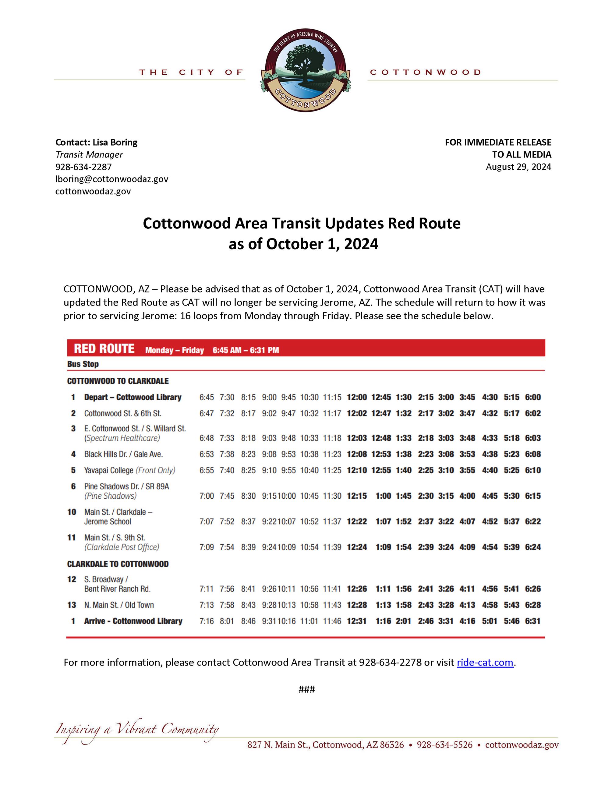 PRESS RELEASE - CAT Updates Red Route 10-1-2024