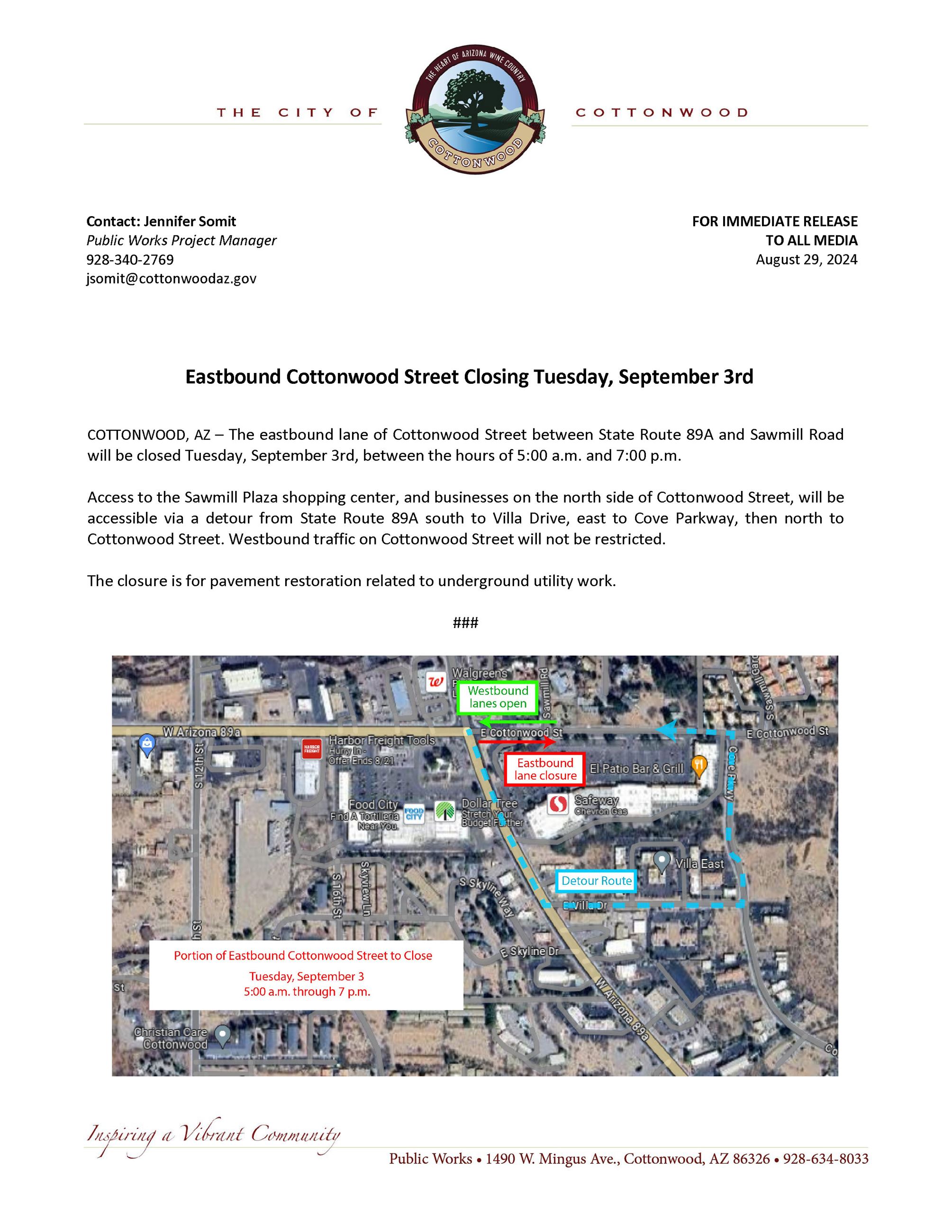 PRESS RELEASE - EB Cottonwood Street closure Sept 3