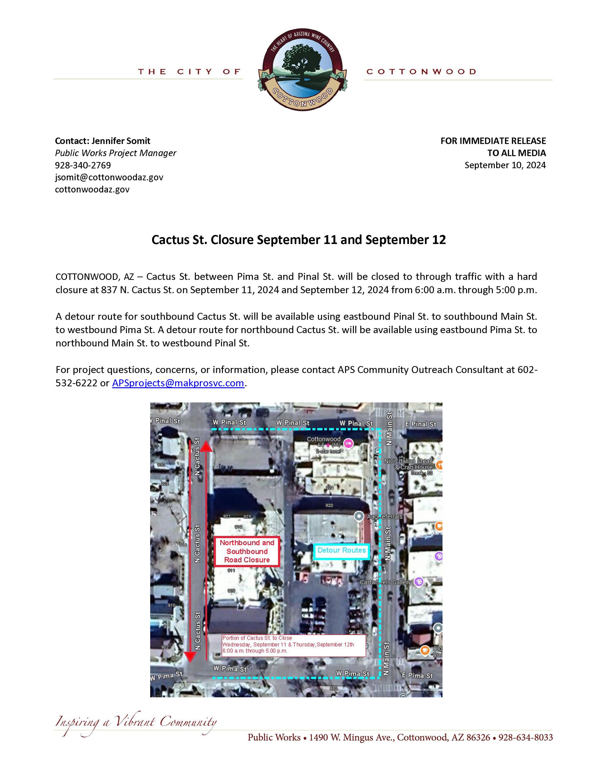 PRESS RELEASE - Cactus St. Closure
