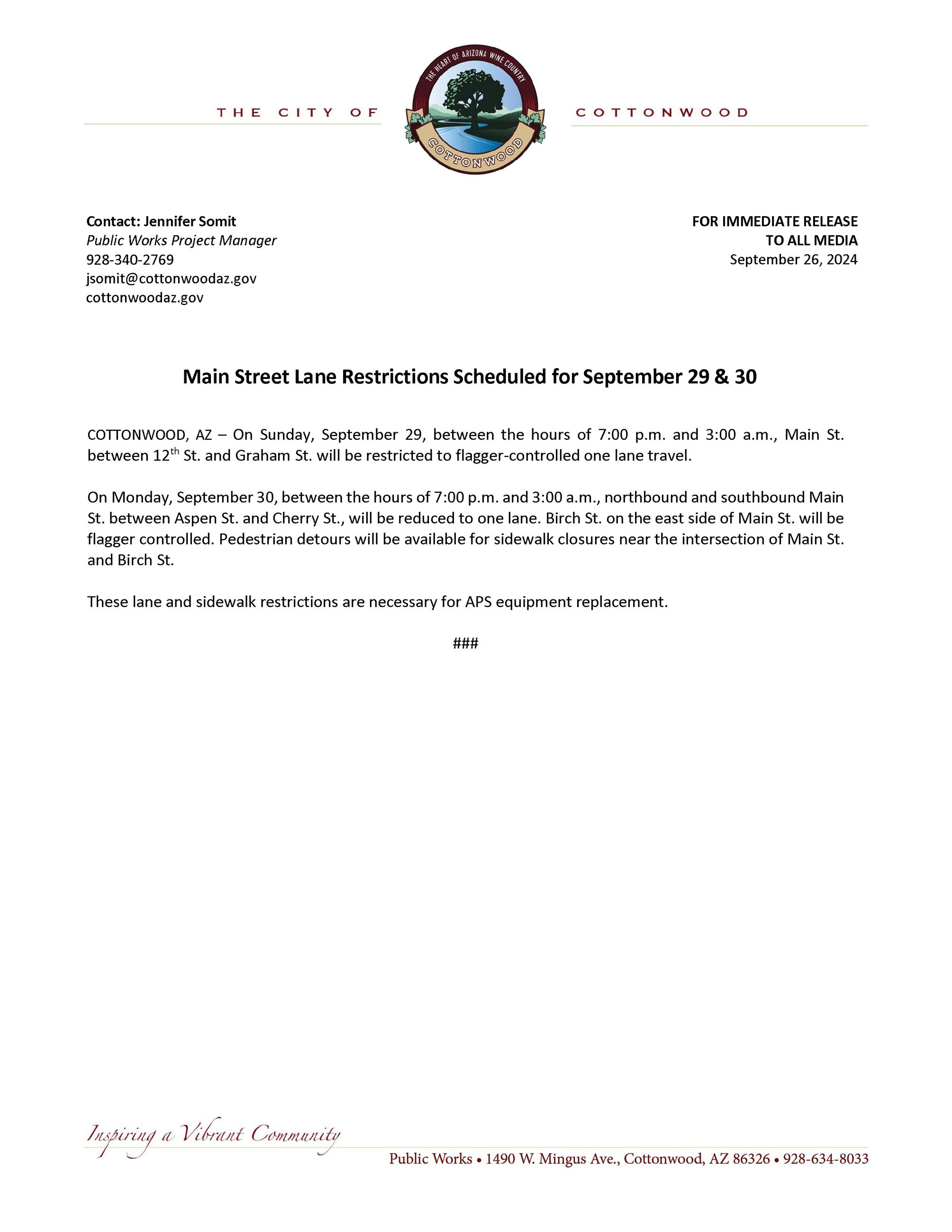 PRESS RELEASE Main Street Lane Restrictions 2024-09-29