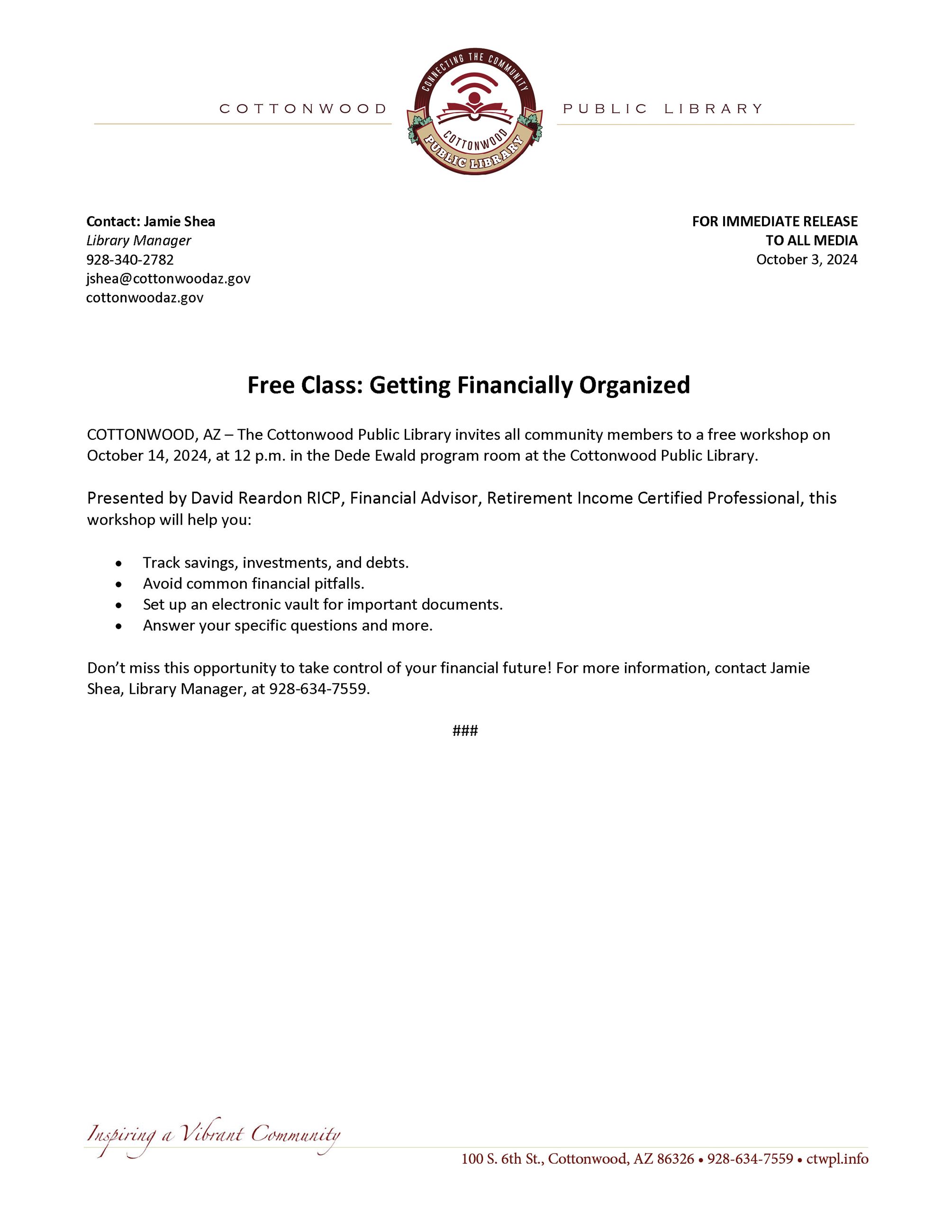 2024-10-03 PRESS RELEASE - Free Class Getting Financially Organized