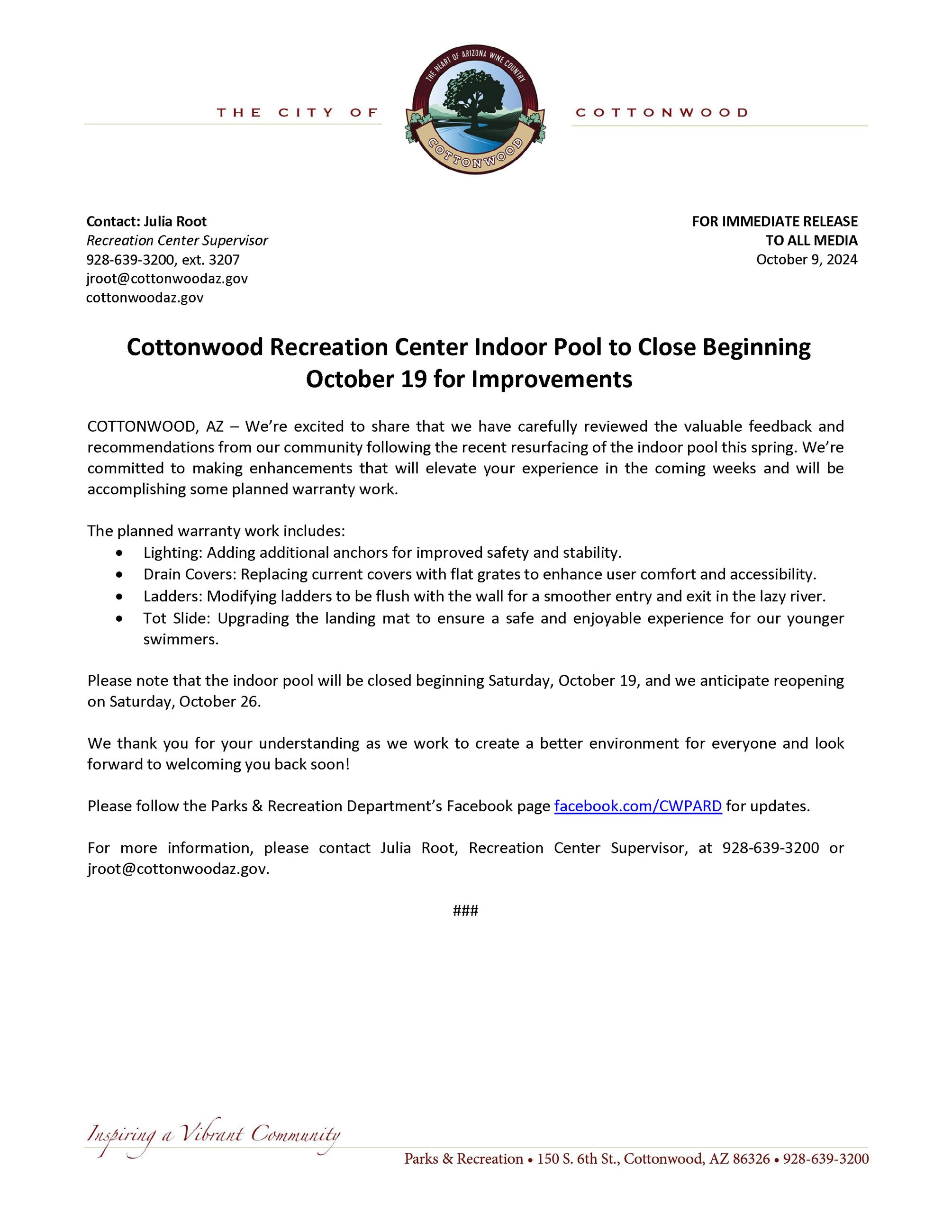 PRESS RELEASE - Rec Center Indoor Pool to Close Beginning October 19 for Improvements