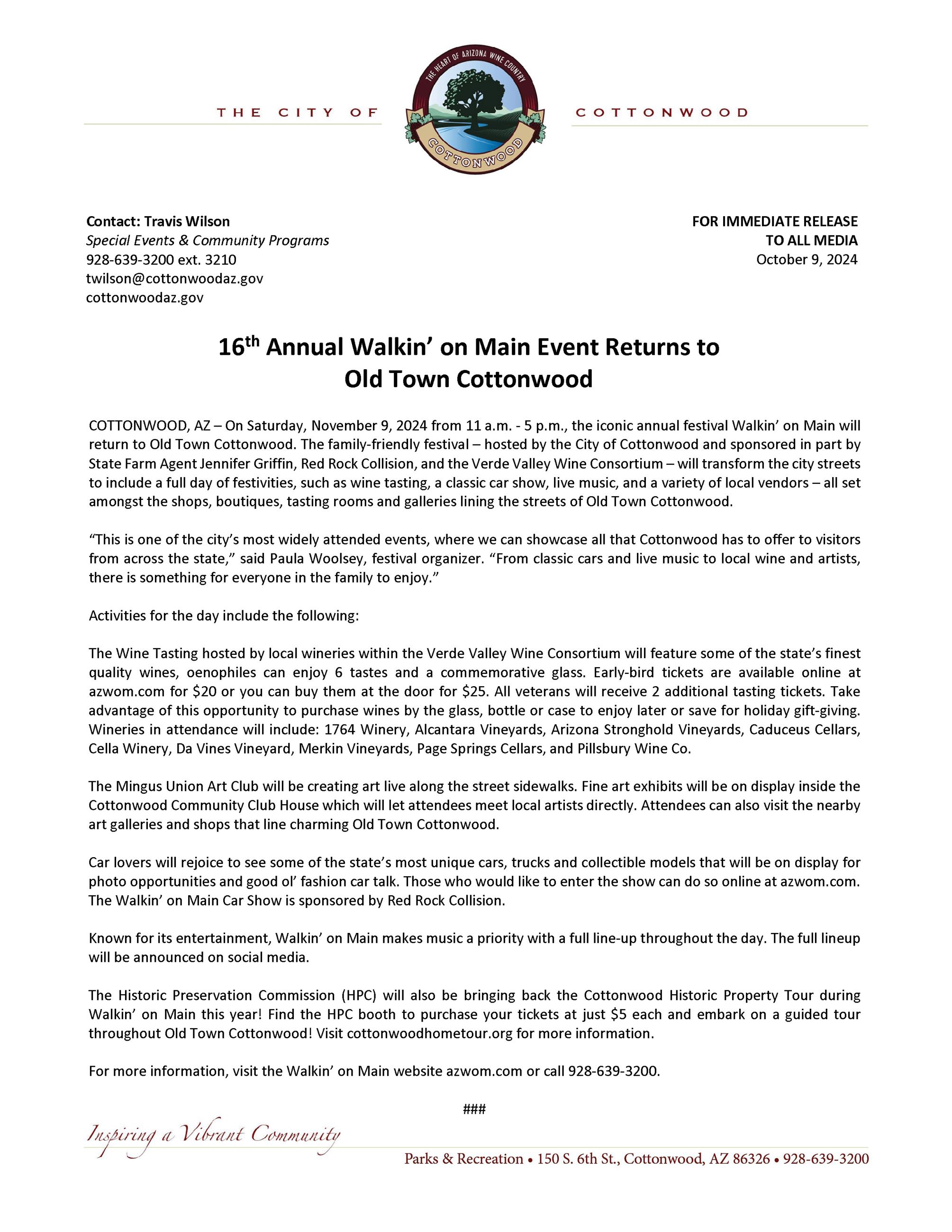 PRESS RELEASE - Walkin on Main 2024