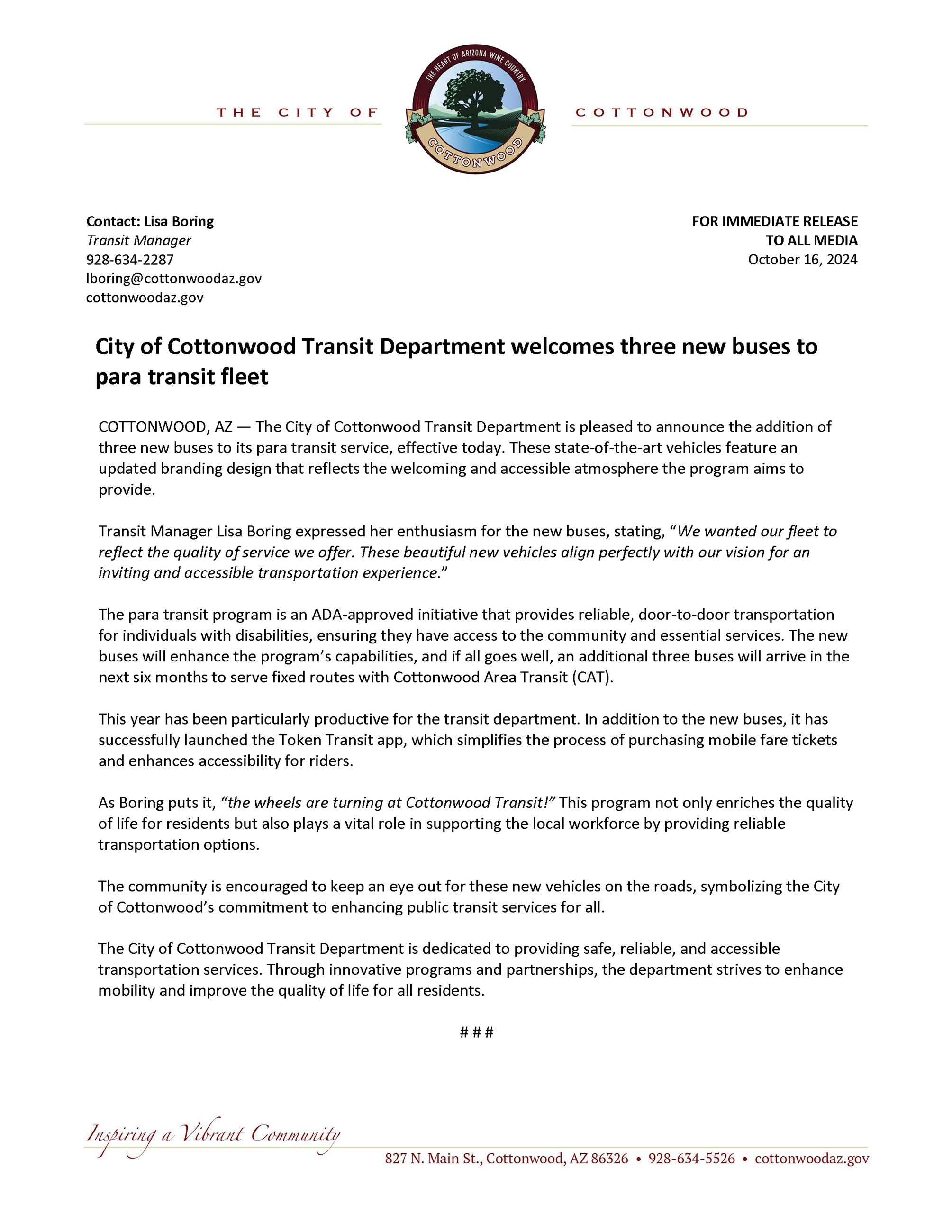 PRESS RELEASE - New Vehicles Added to Fleet for Para Transit